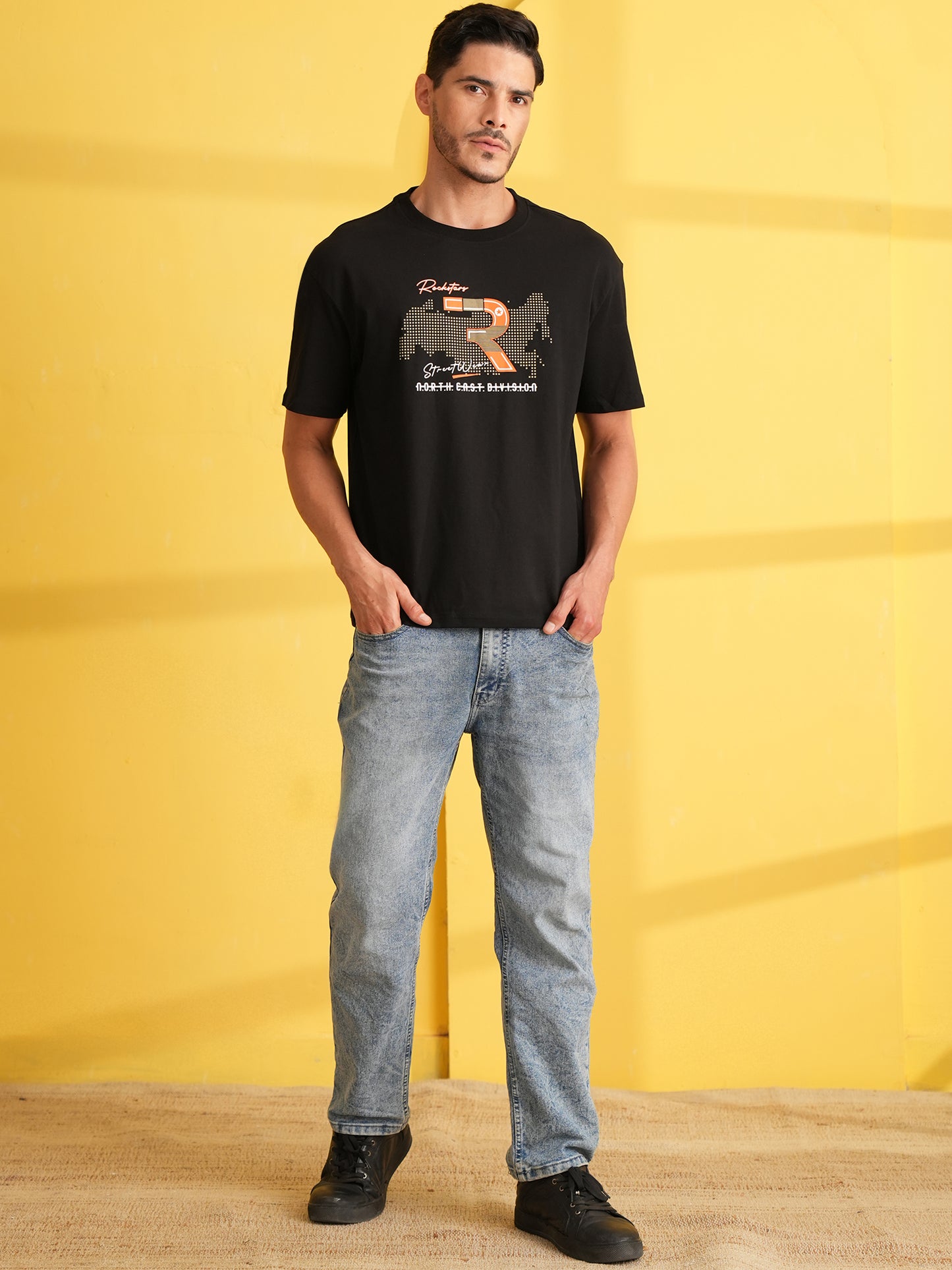Men Oversize Printed Round Neck T-shirt Black - Reprise