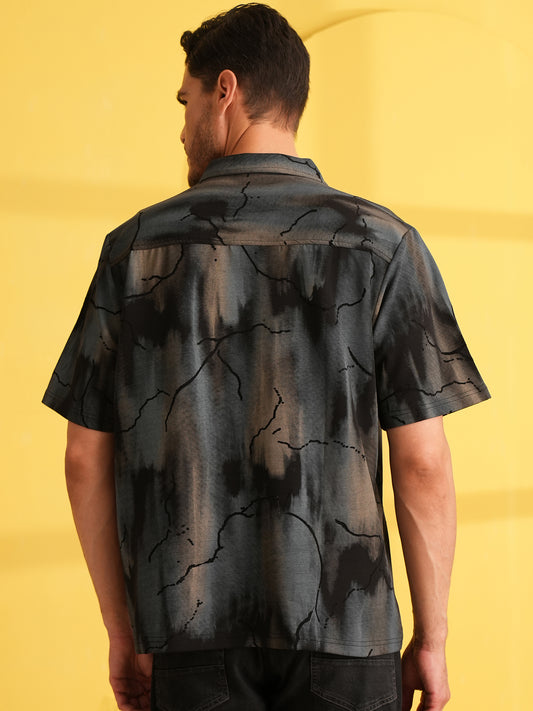Men Self Design Printed Half Sleeve Shirt Dark Grey - Reprise