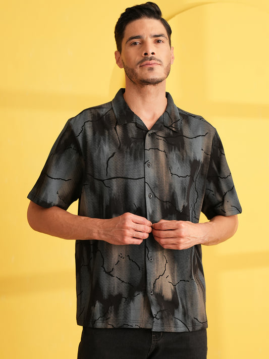 Men Self Design Printed Half Sleeve Shirt Dark Grey - Reprise