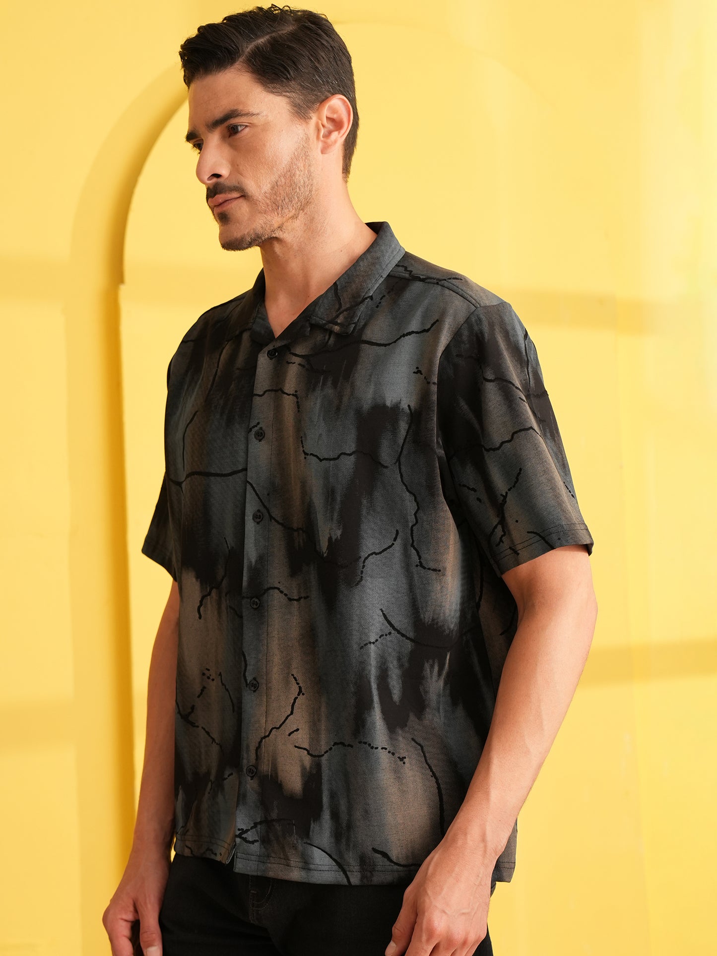 Men Self Design Printed Half Sleeve Shirt Dark Grey - Reprise