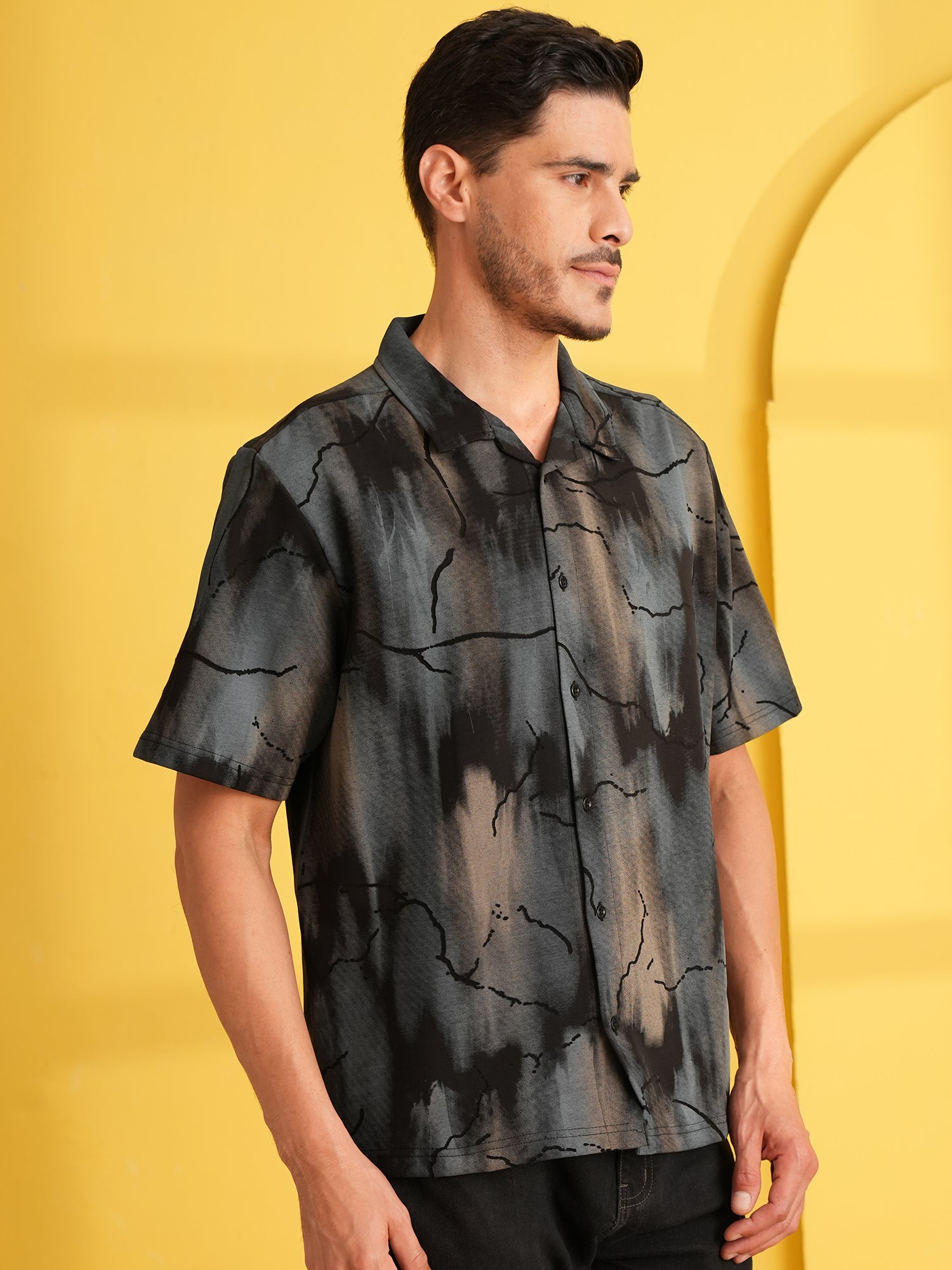 Men Self Design Printed Half Sleeve Shirt Dark Grey - Reprise