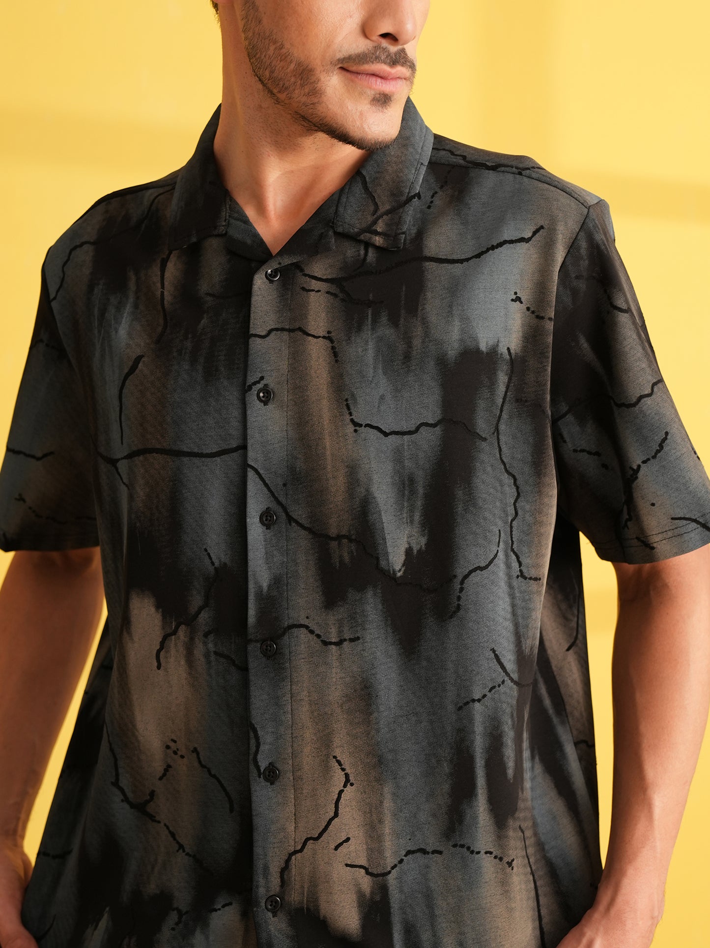 Men Self Design Printed Half Sleeve Shirt Dark Grey - Reprise