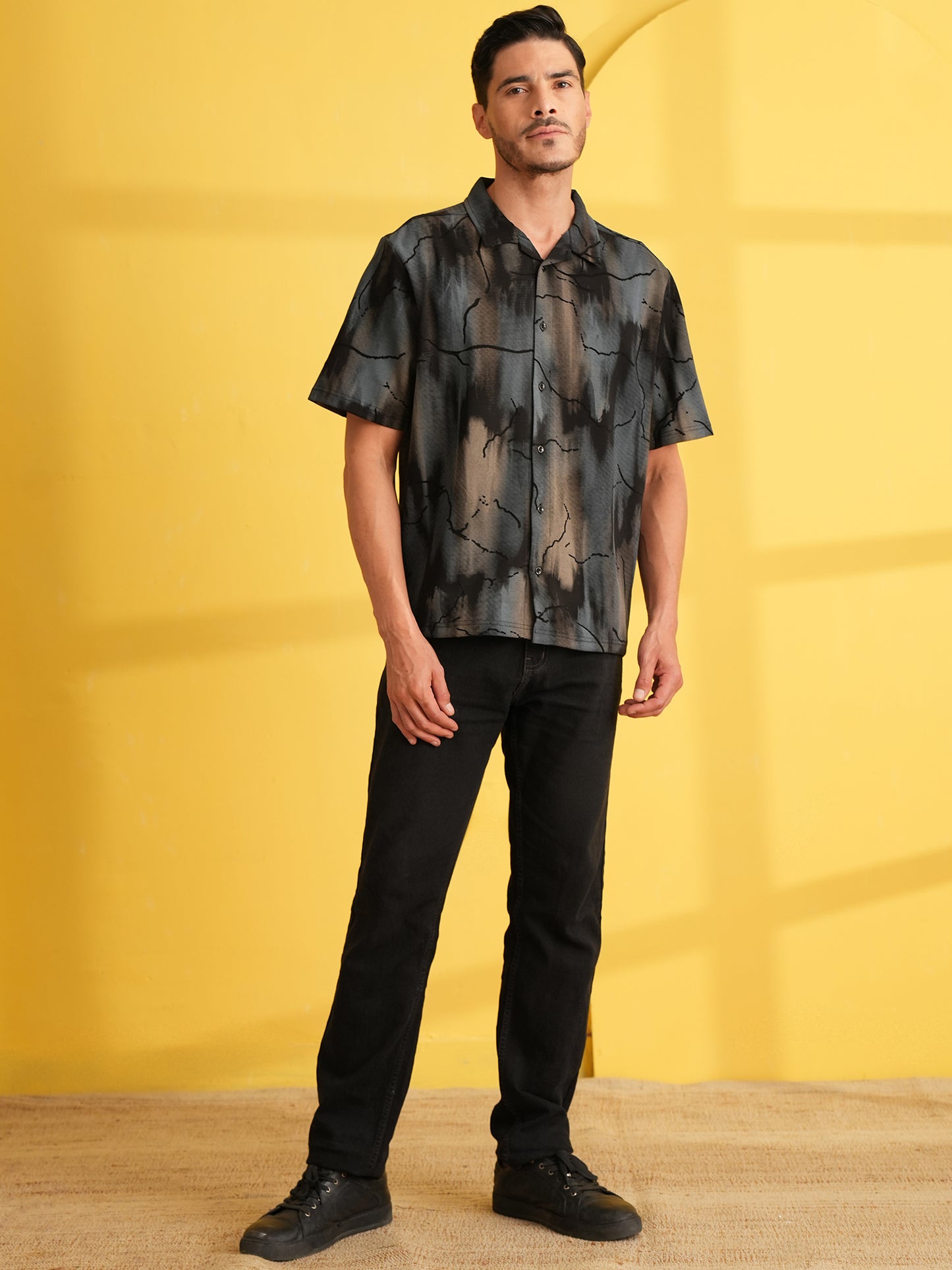 Men Self Design Printed Half Sleeve Shirt Dark Grey - Reprise
