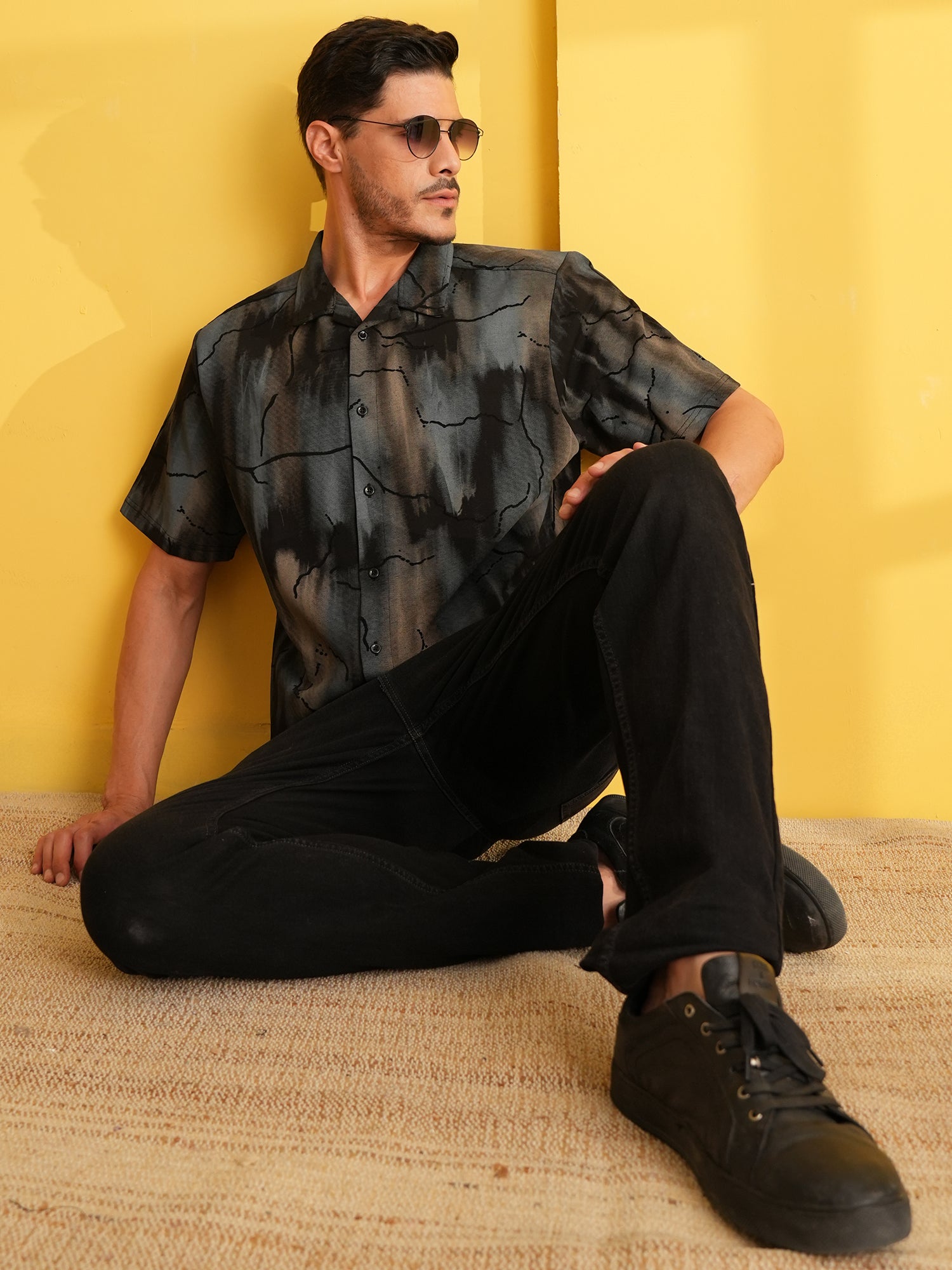 Men Self Design Printed Half Sleeve Shirt Dark Grey - Reprise