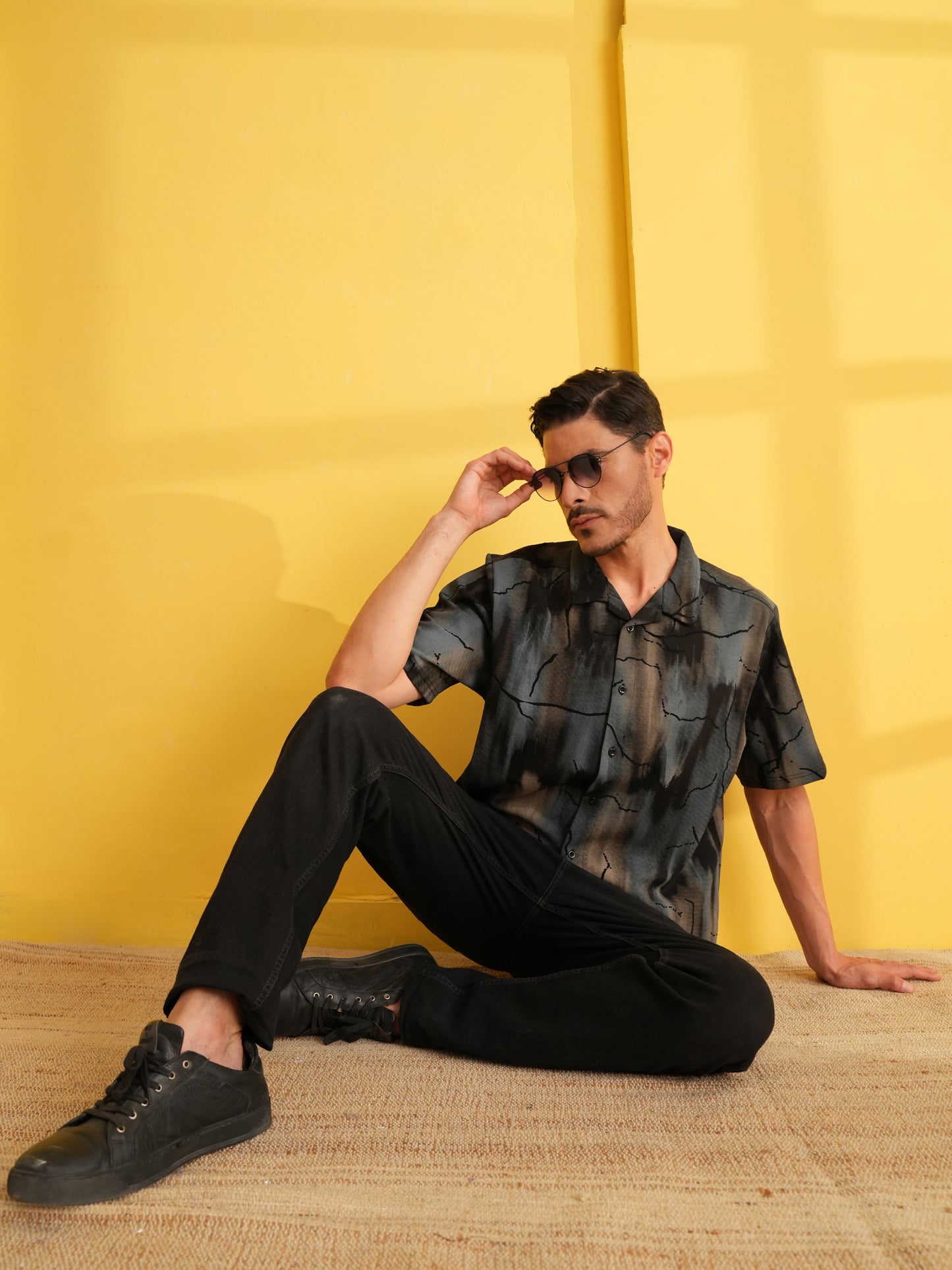 Men Self Design Printed Half Sleeve Shirt Dark Grey - Reprise