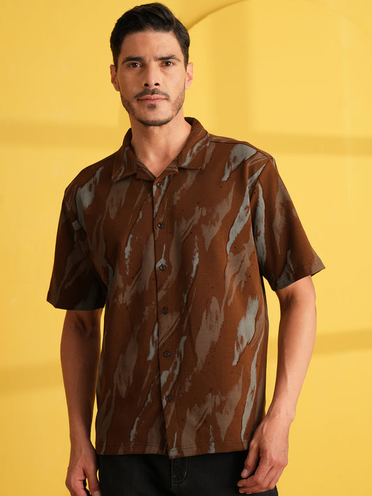 Men Self Design Printed Half Sleeve Shirt Dark Brown - Reprise
