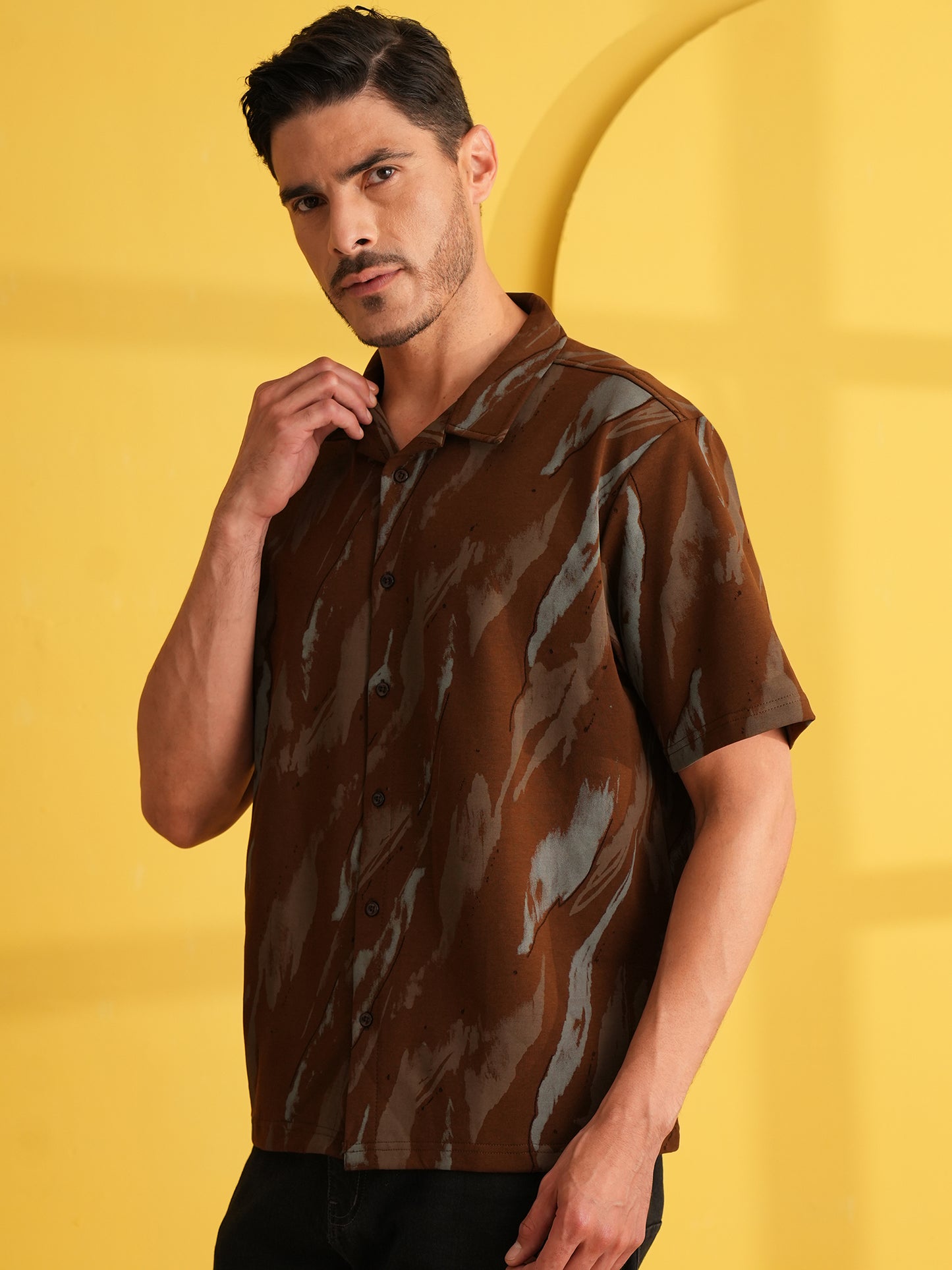Men Self Design Printed Half Sleeve Shirt Dark Brown - Reprise
