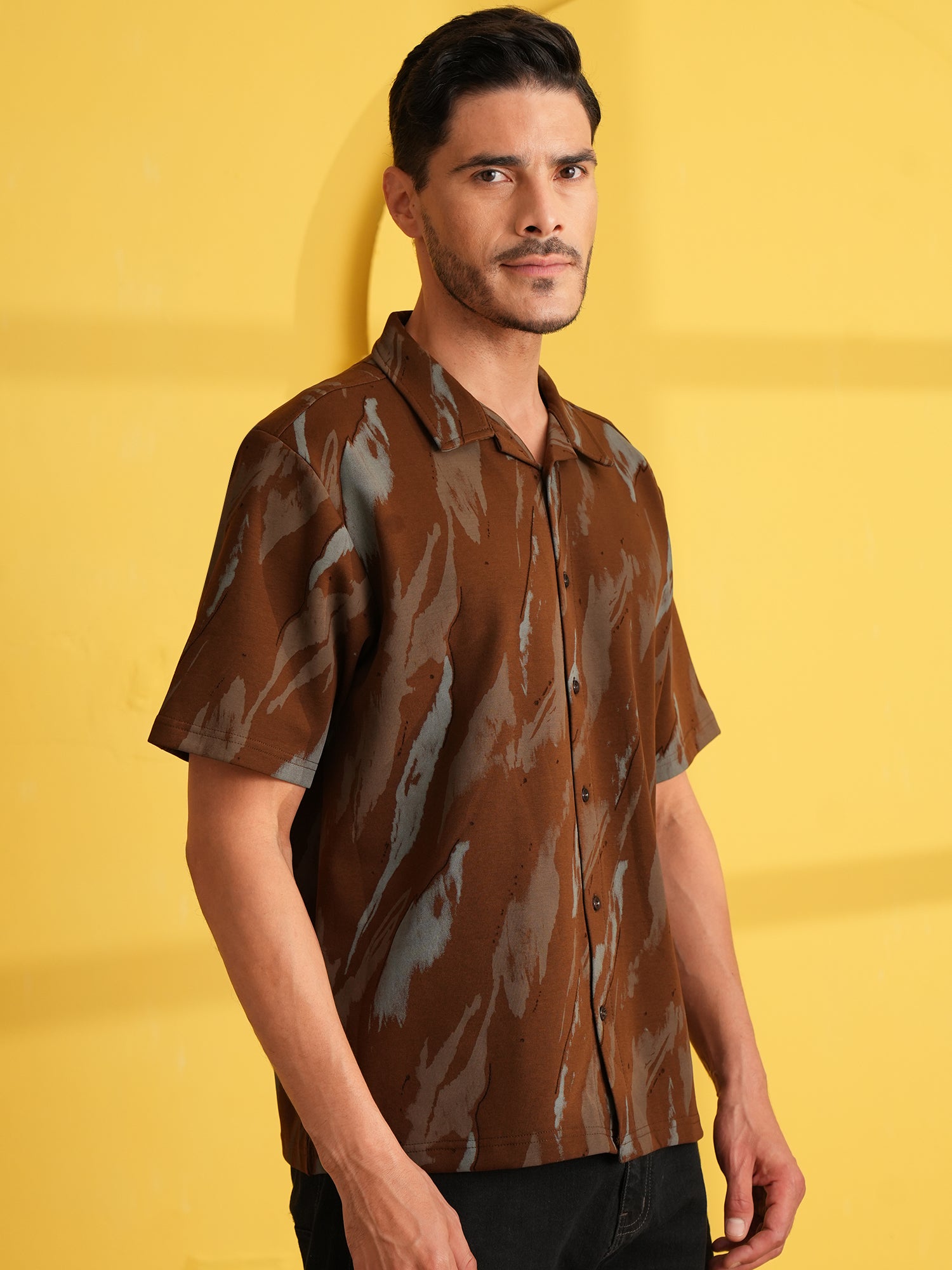 Men Self Design Printed Half Sleeve Shirt Dark Brown - Reprise