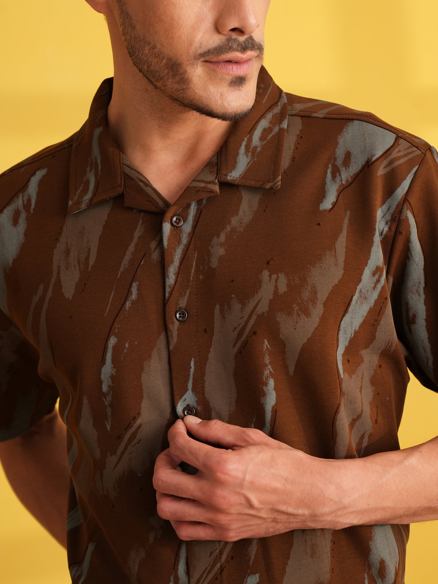 Men Self Design Printed Half Sleeve Shirt Dark Brown - Reprise