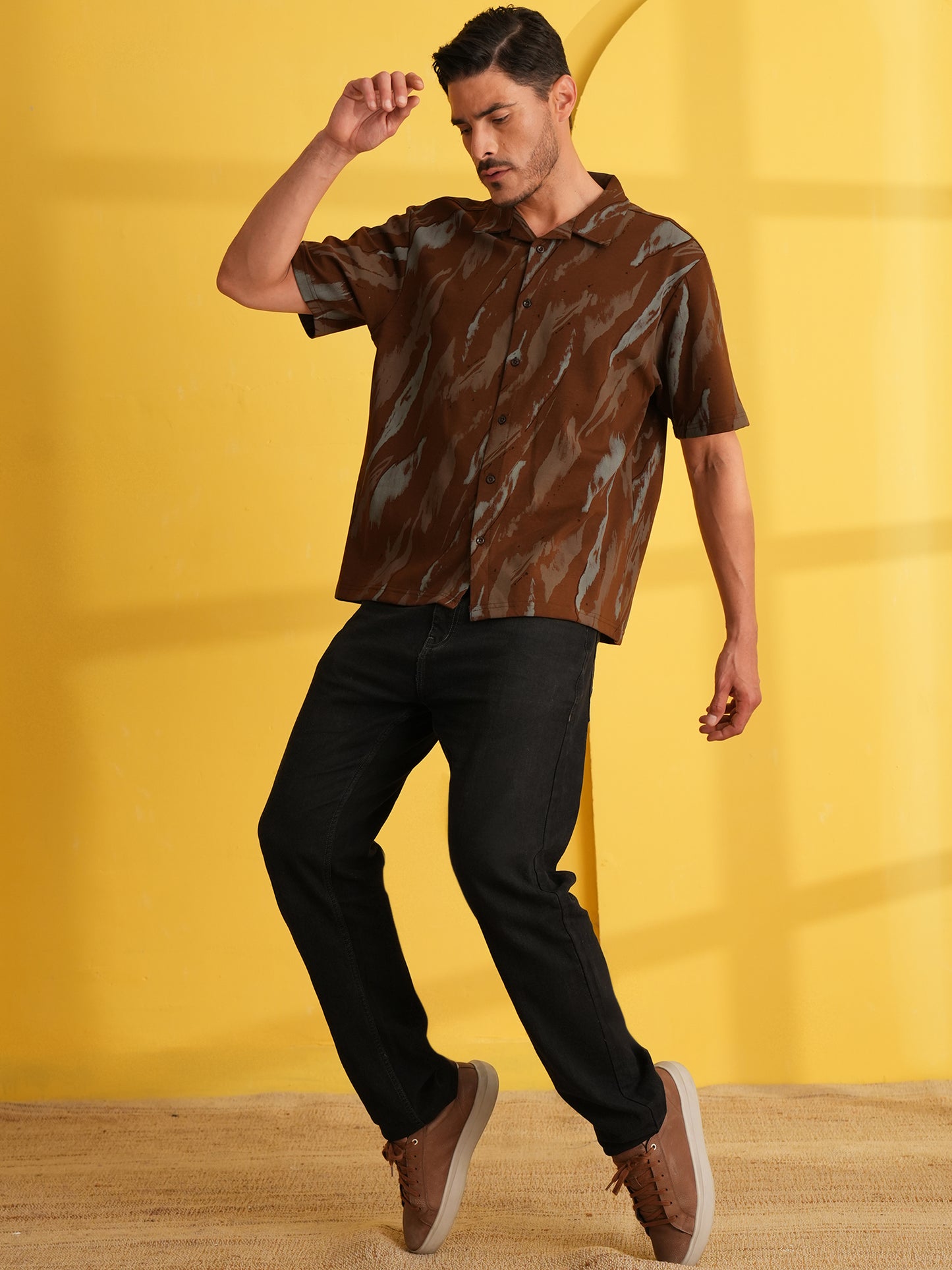 Men Self Design Printed Half Sleeve Shirt Dark Brown - Reprise