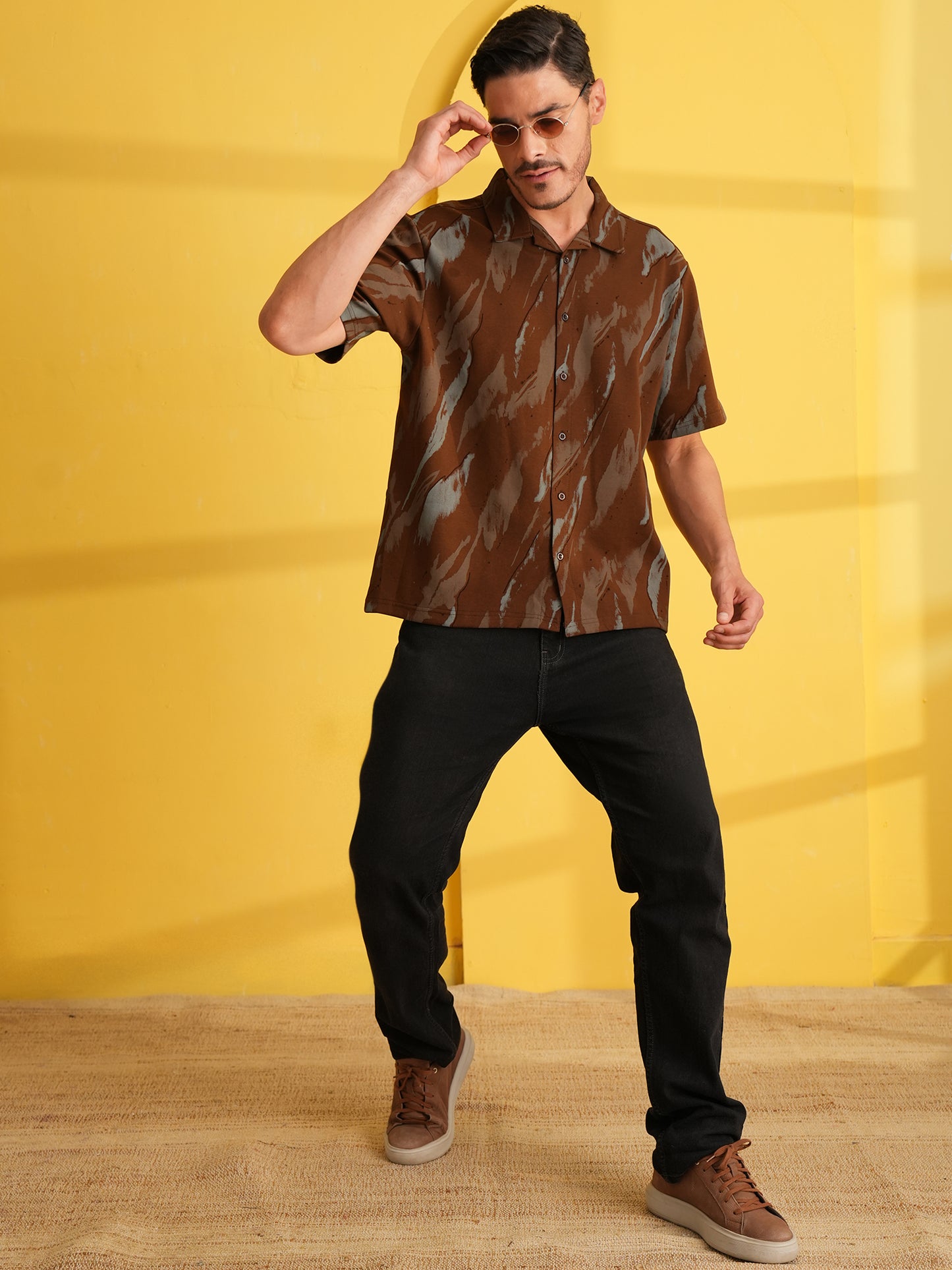 Men Self Design Printed Half Sleeve Shirt Dark Brown - Reprise