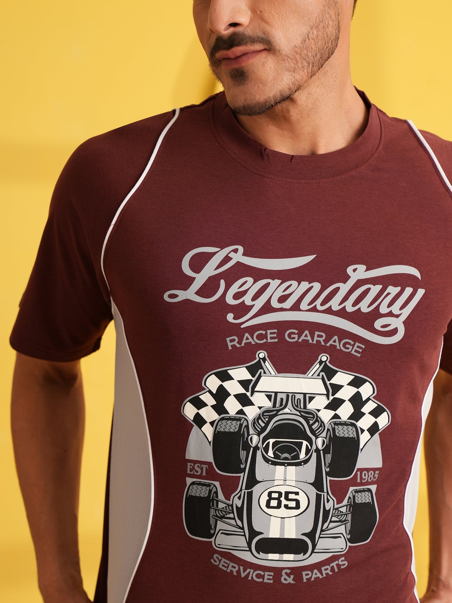 Men Oversized Printed Round Neck Drop Shoulder T-shirt Maroon - Reprise