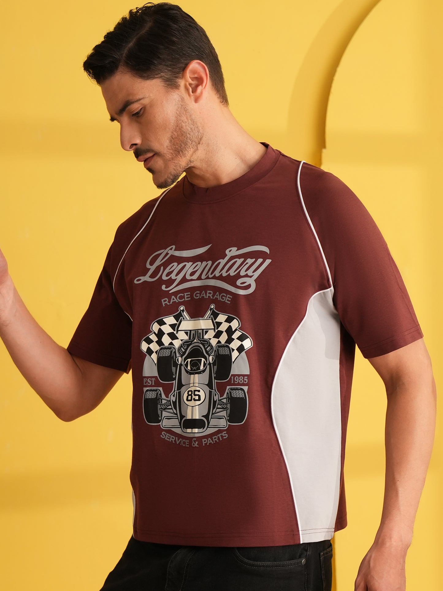 Men Oversized Printed Round Neck Drop Shoulder T-shirt Maroon - Reprise