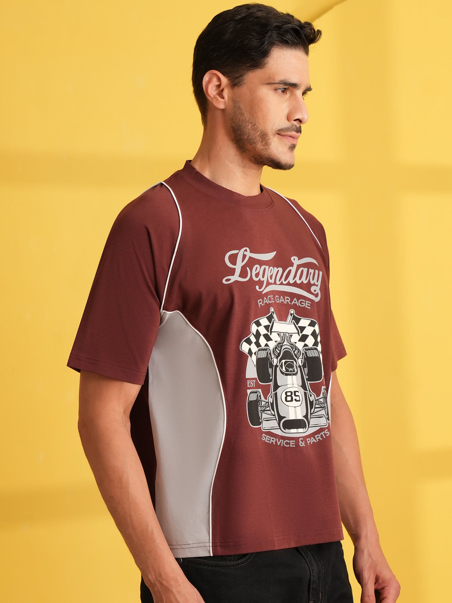 Men Oversized Printed Round Neck Drop Shoulder T-shirt Maroon - Reprise
