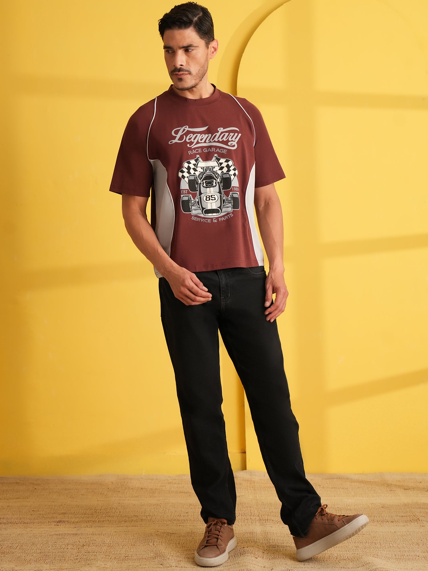 Men Oversized Printed Round Neck Drop Shoulder T-shirt Maroon - Reprise