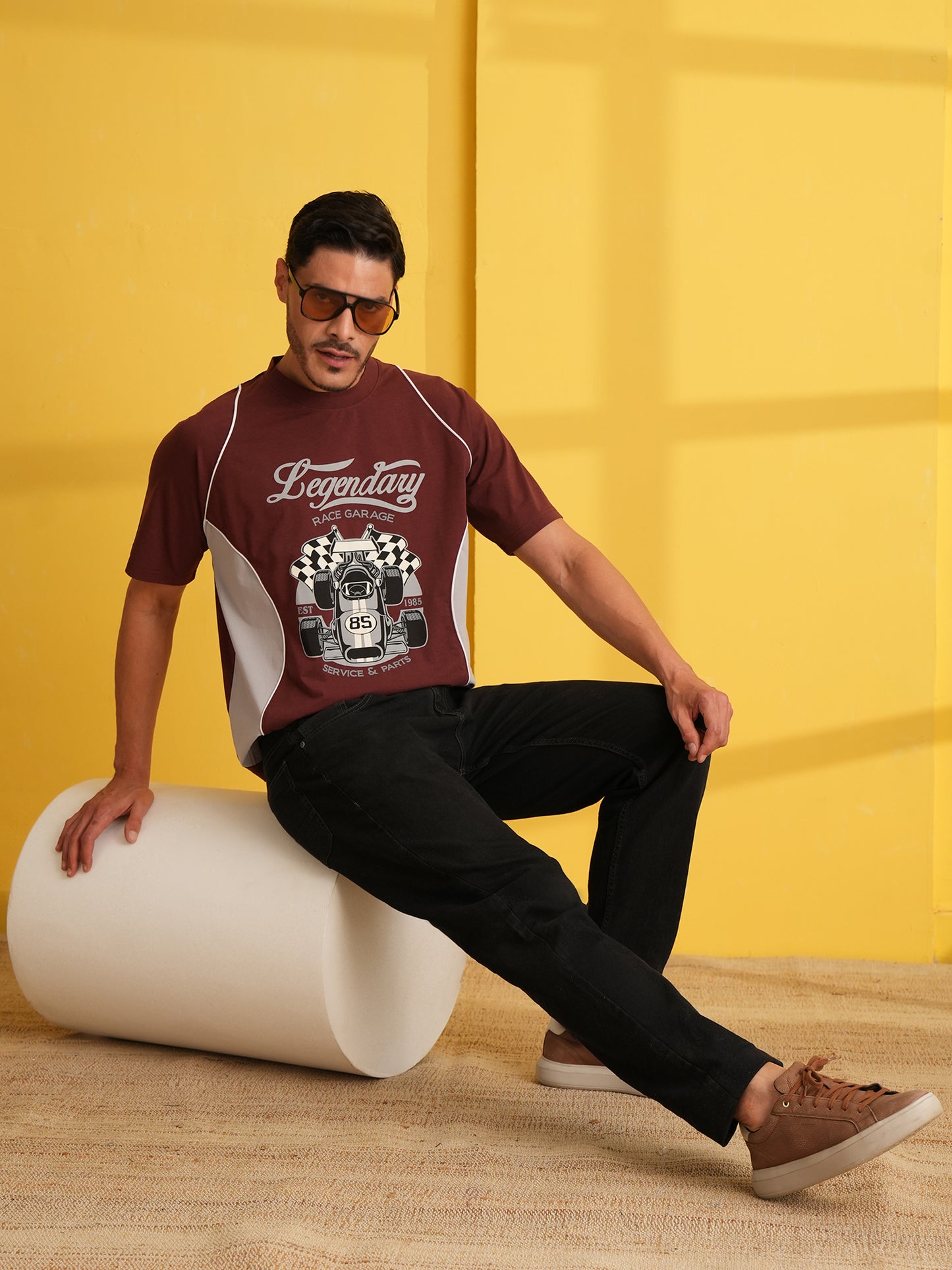 Men Oversized Printed Round Neck Drop Shoulder T-shirt Maroon - Reprise