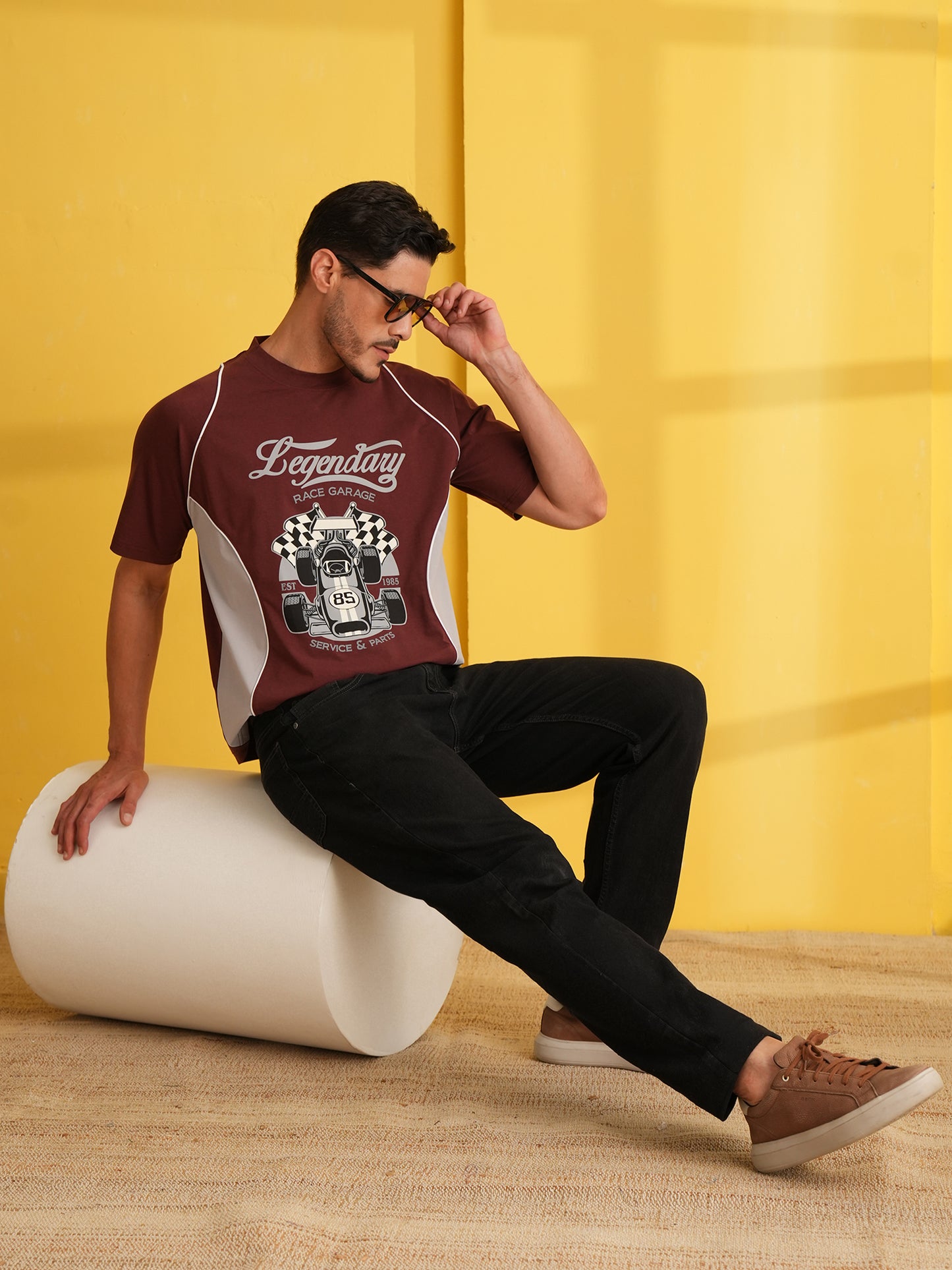 Men Oversized Printed Round Neck Drop Shoulder T-shirt Maroon - Reprise