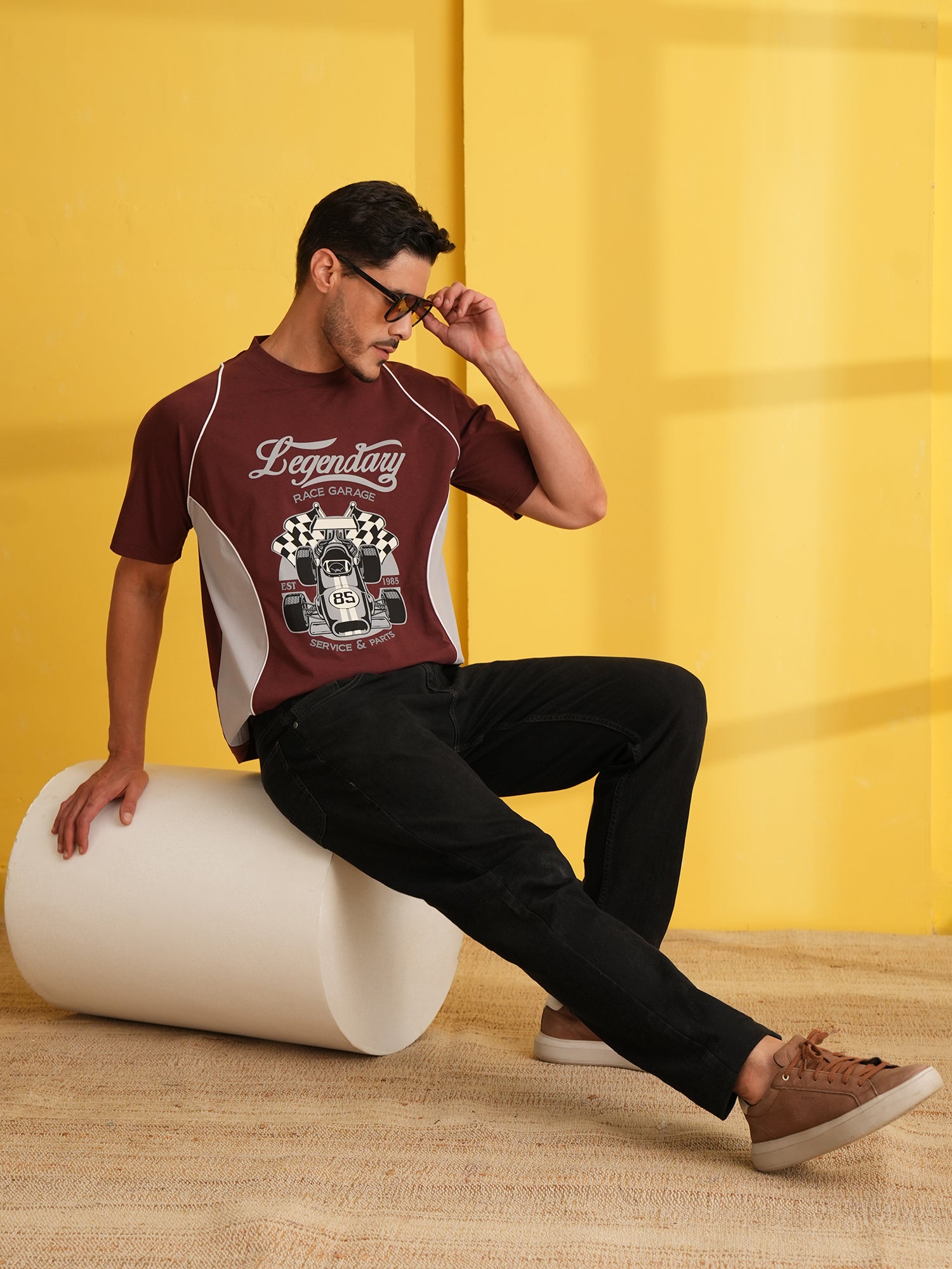 Men Oversized Printed Round Neck Drop Shoulder T-shirt Maroon - Reprise