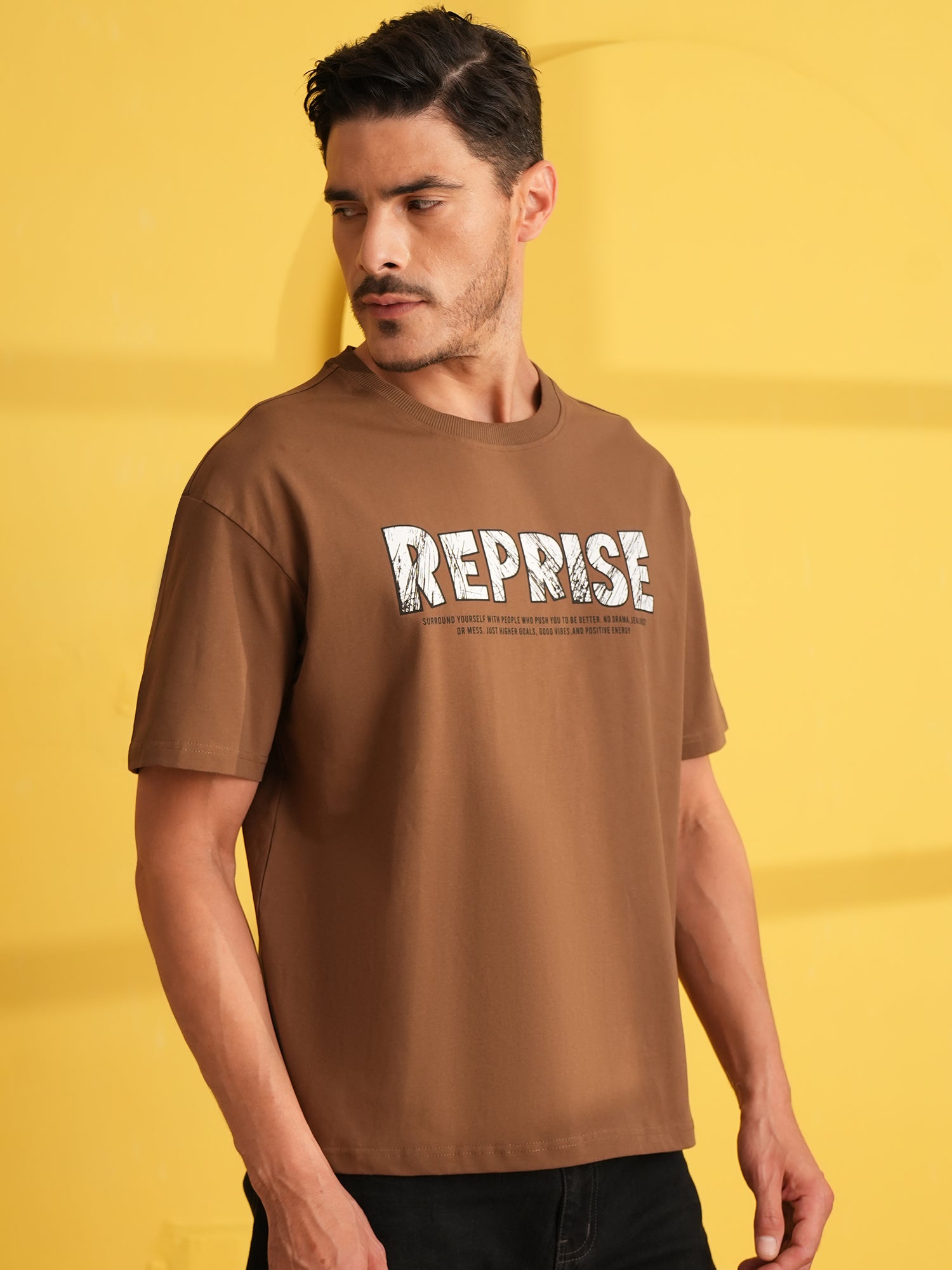 Men Oversize Printed Round Neck T-shirt Brown - Reprise