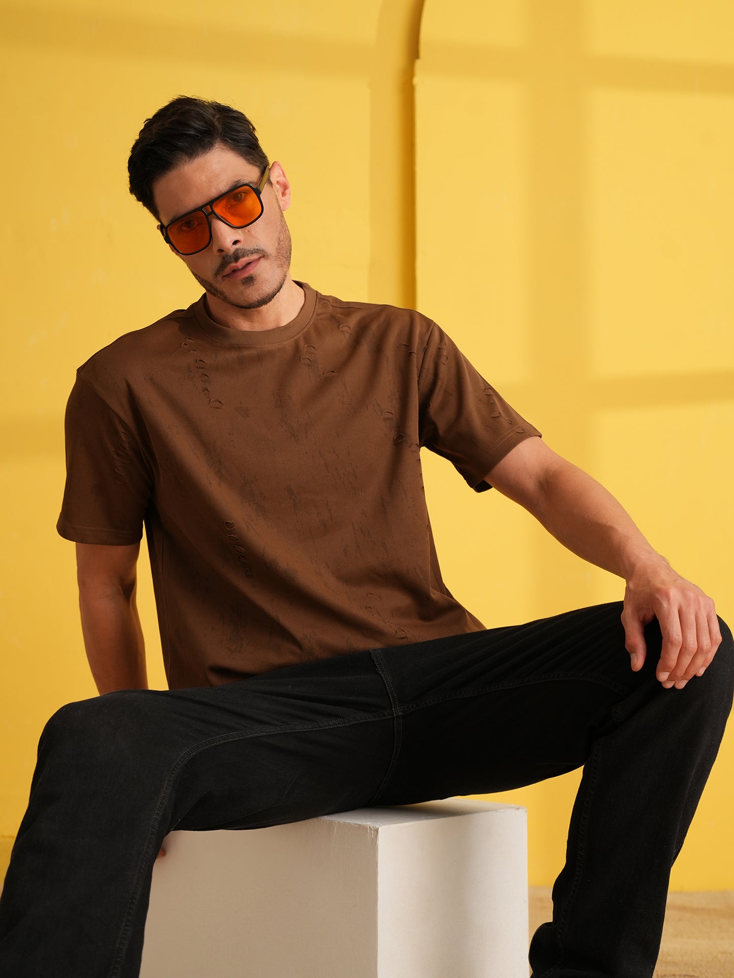 Men Oversize Printed Round Neck T-shirt Dark Brown - Reprise