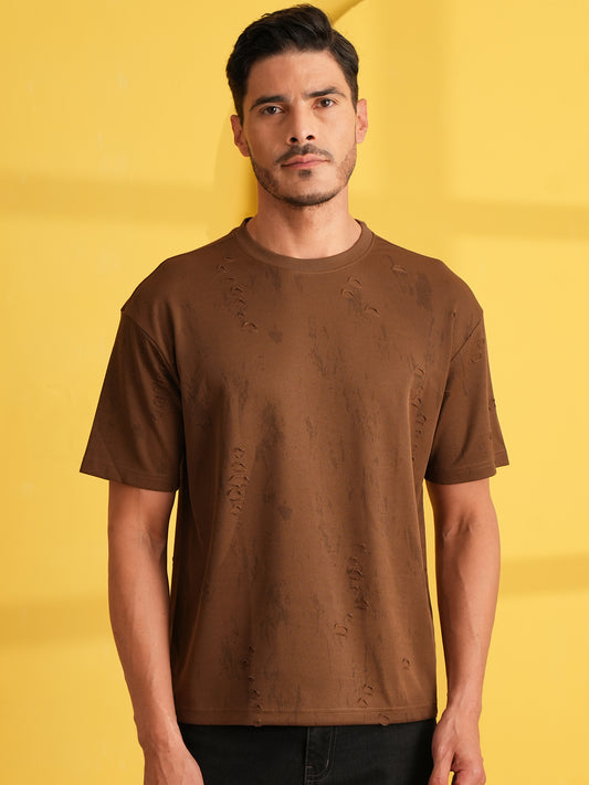 Men Oversize Printed Round Neck T-shirt Dark Brown