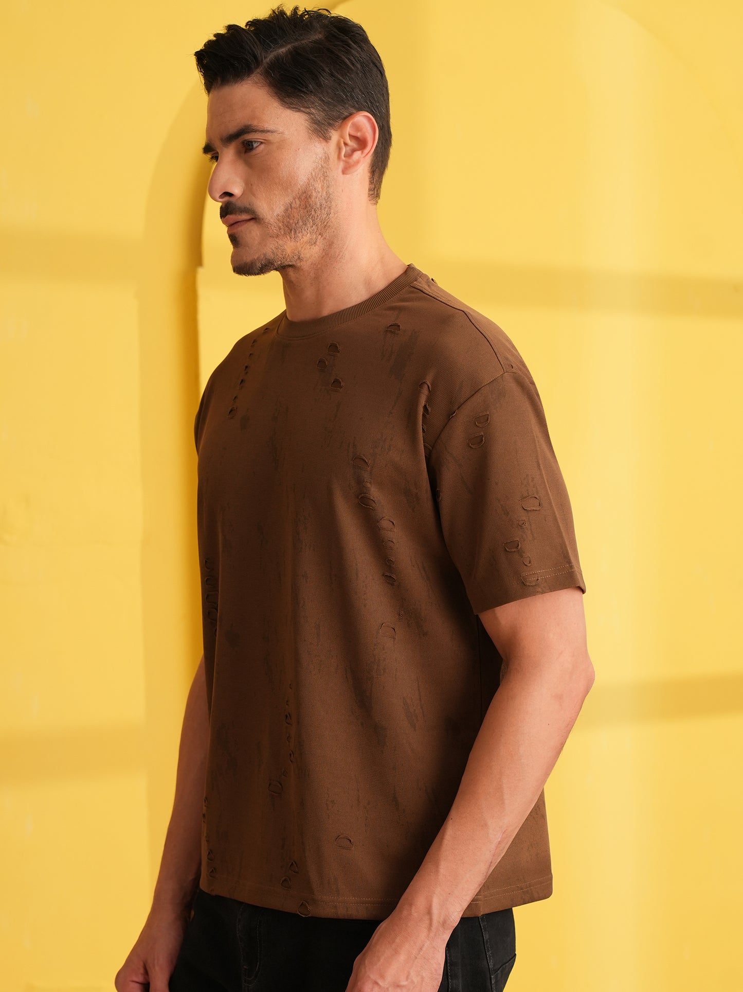 Men Oversize Printed Round Neck T-shirt Dark Brown - Reprise
