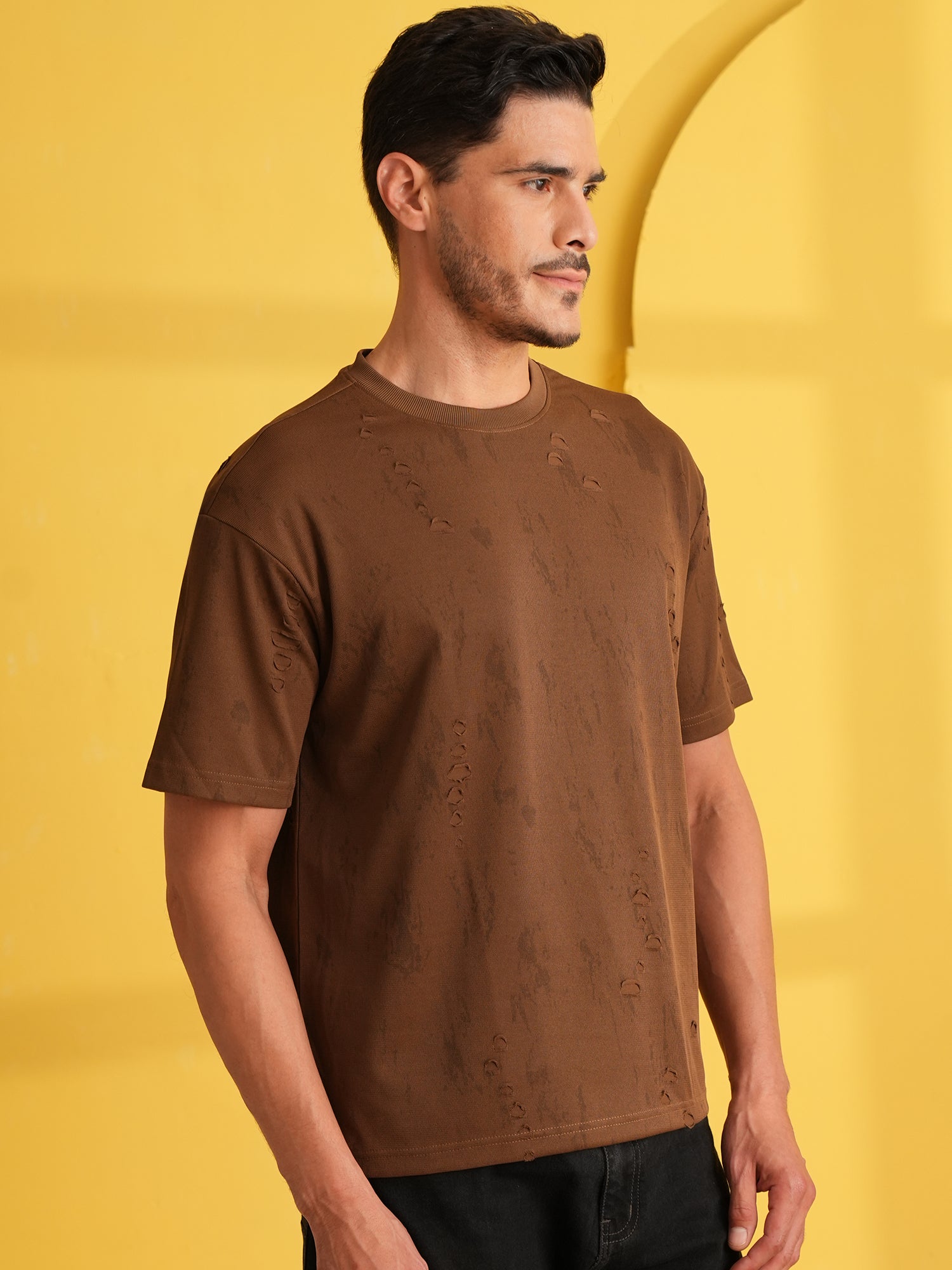 Men Oversize Printed Round Neck T-shirt Dark Brown - Reprise