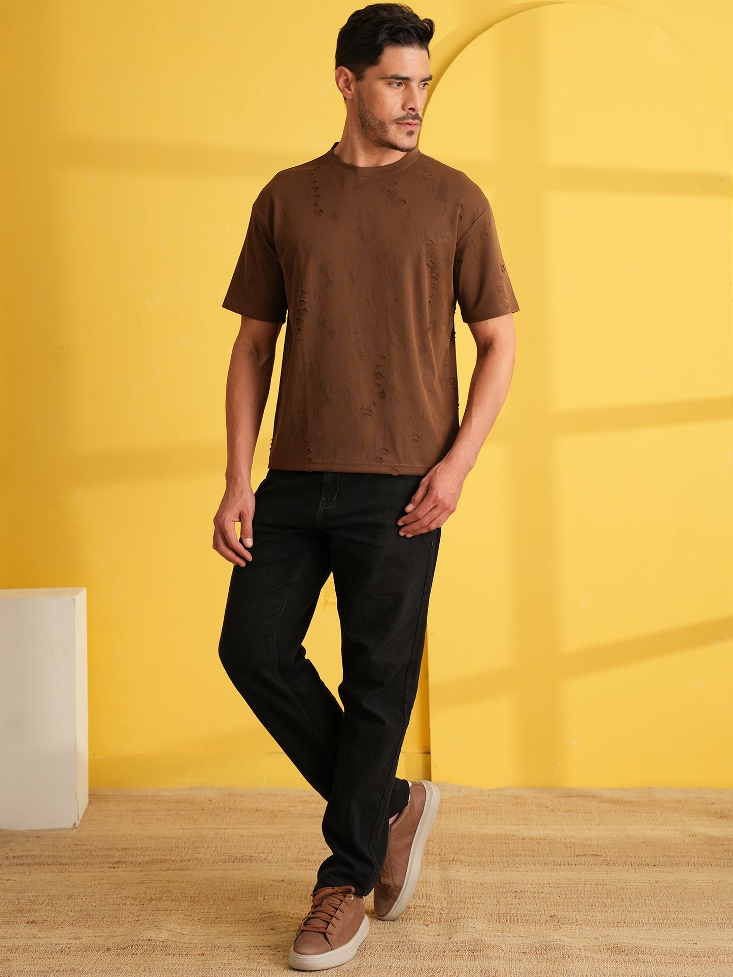 Men Oversize Printed Round Neck T-shirt Dark Brown - Reprise