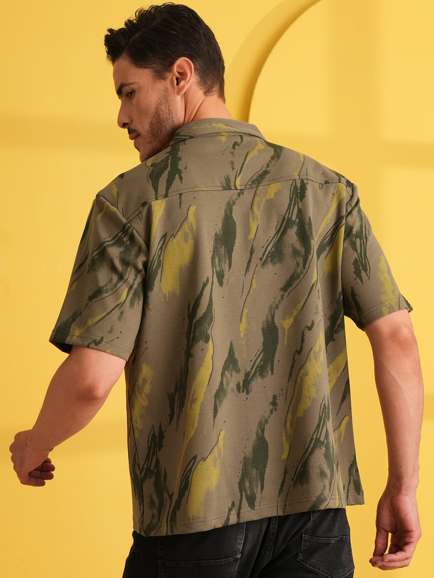 Men Self Design Printed Half Sleeve Shirt Olive Green - Reprise