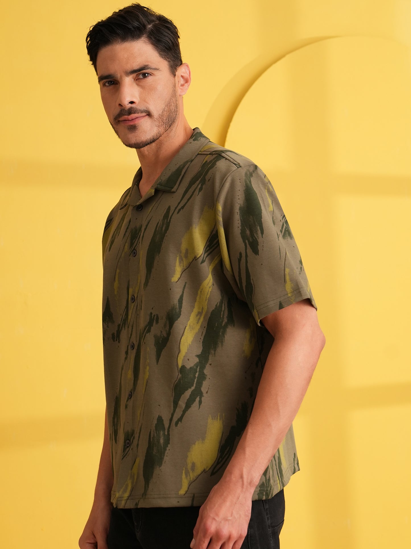 Men Self Design Printed Half Sleeve Shirt Olive Green - Reprise