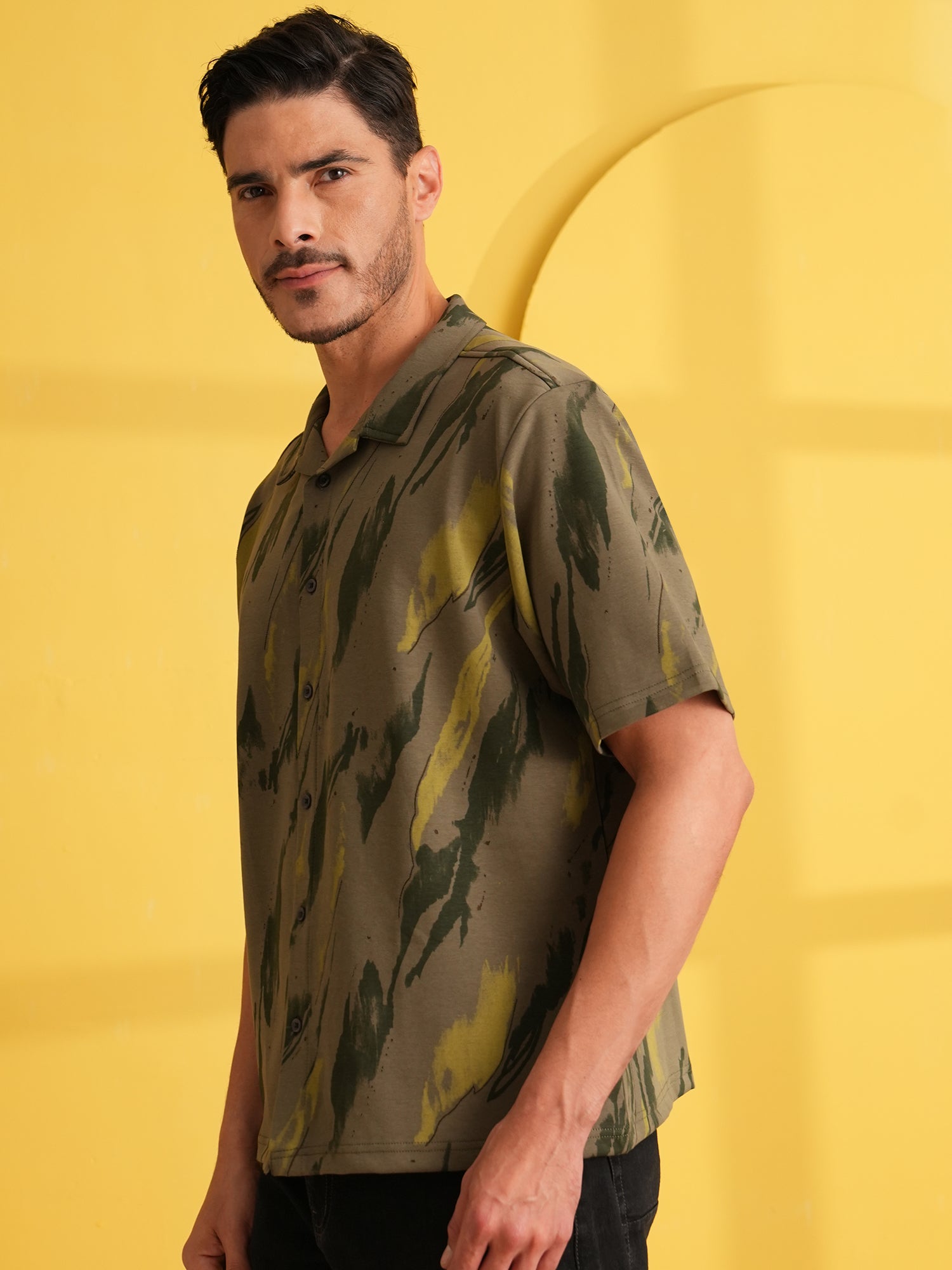 Men Self Design Printed Half Sleeve Shirt Olive Green - Reprise