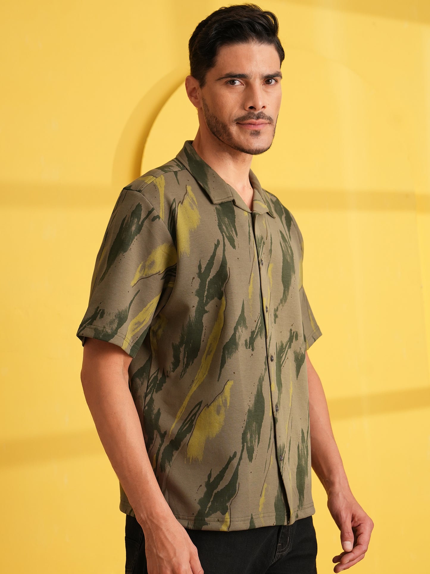 Men Self Design Printed Half Sleeve Shirt Olive Green - Reprise