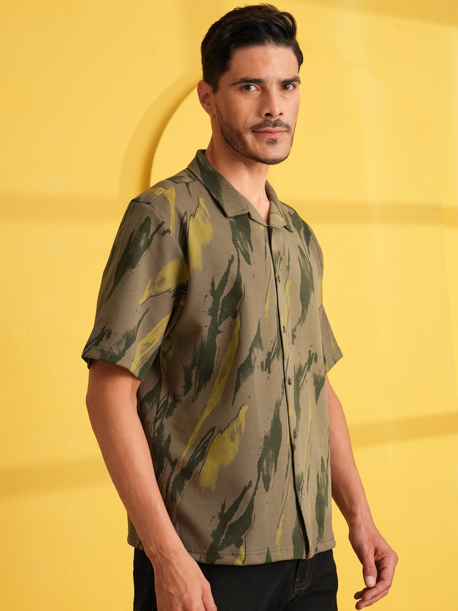 Men Self Design Printed Half Sleeve Shirt Olive Green - Reprise