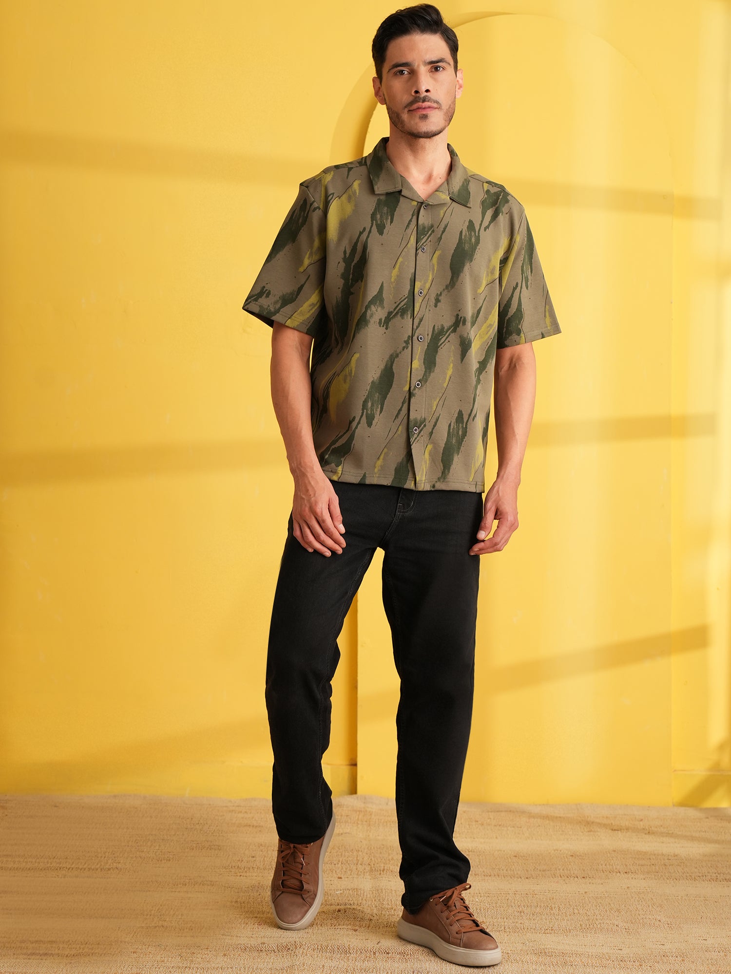 Men Self Design Printed Half Sleeve Shirt Olive Green - Reprise