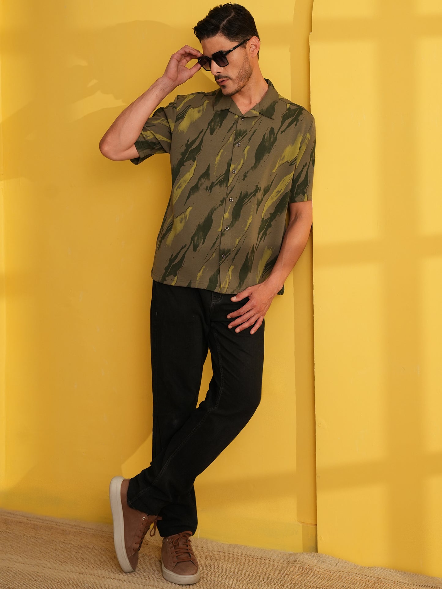 Men Self Design Printed Half Sleeve Shirt Olive Green - Reprise