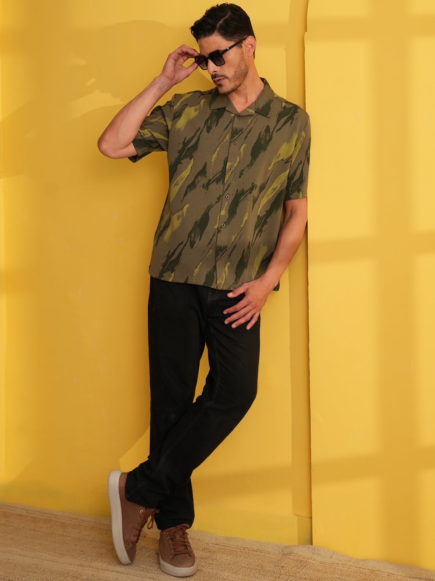 Men Self Design Printed Half Sleeve Shirt Olive Green - Reprise