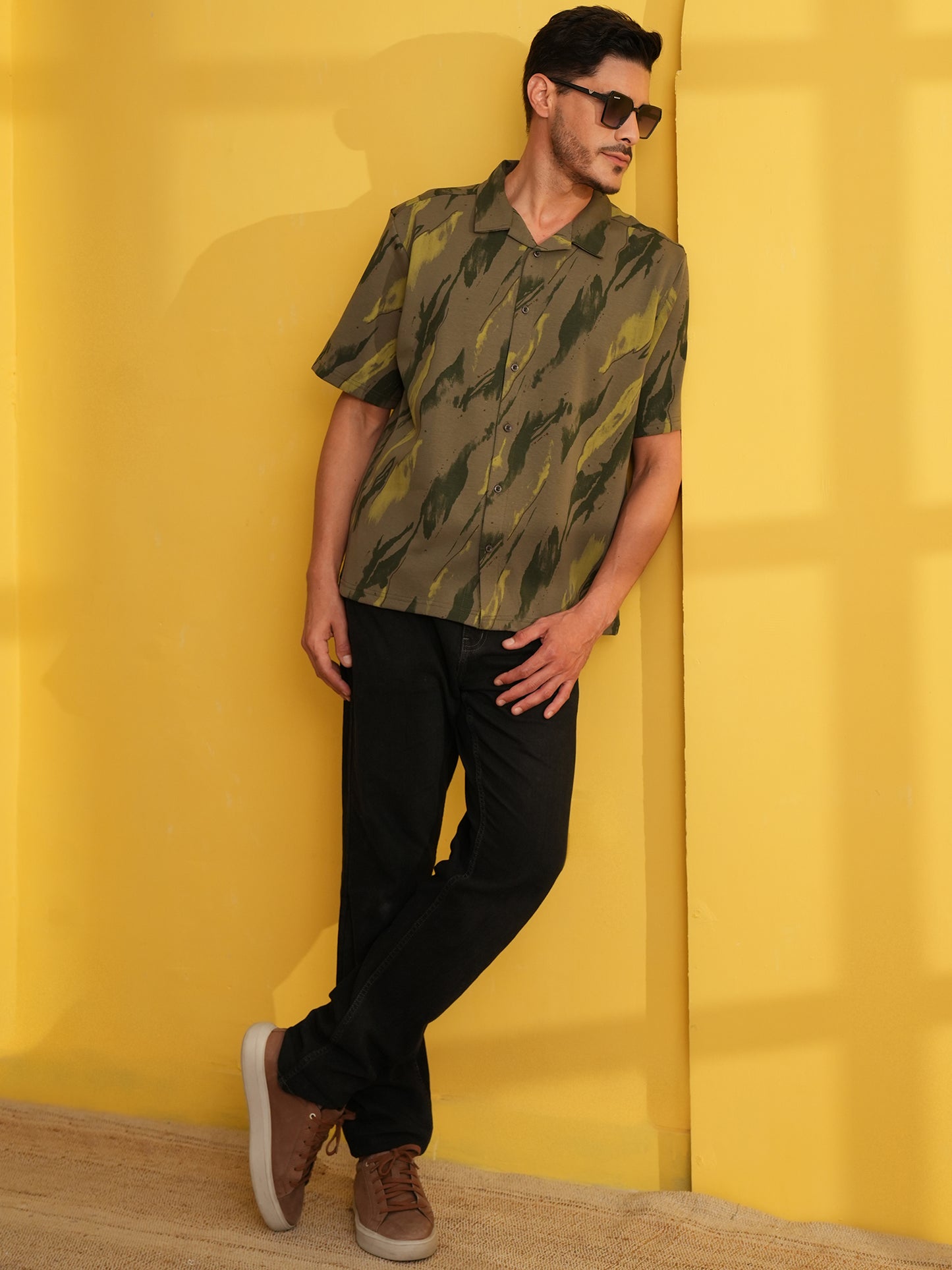 Men Self Design Printed Half Sleeve Shirt Olive Green - Reprise