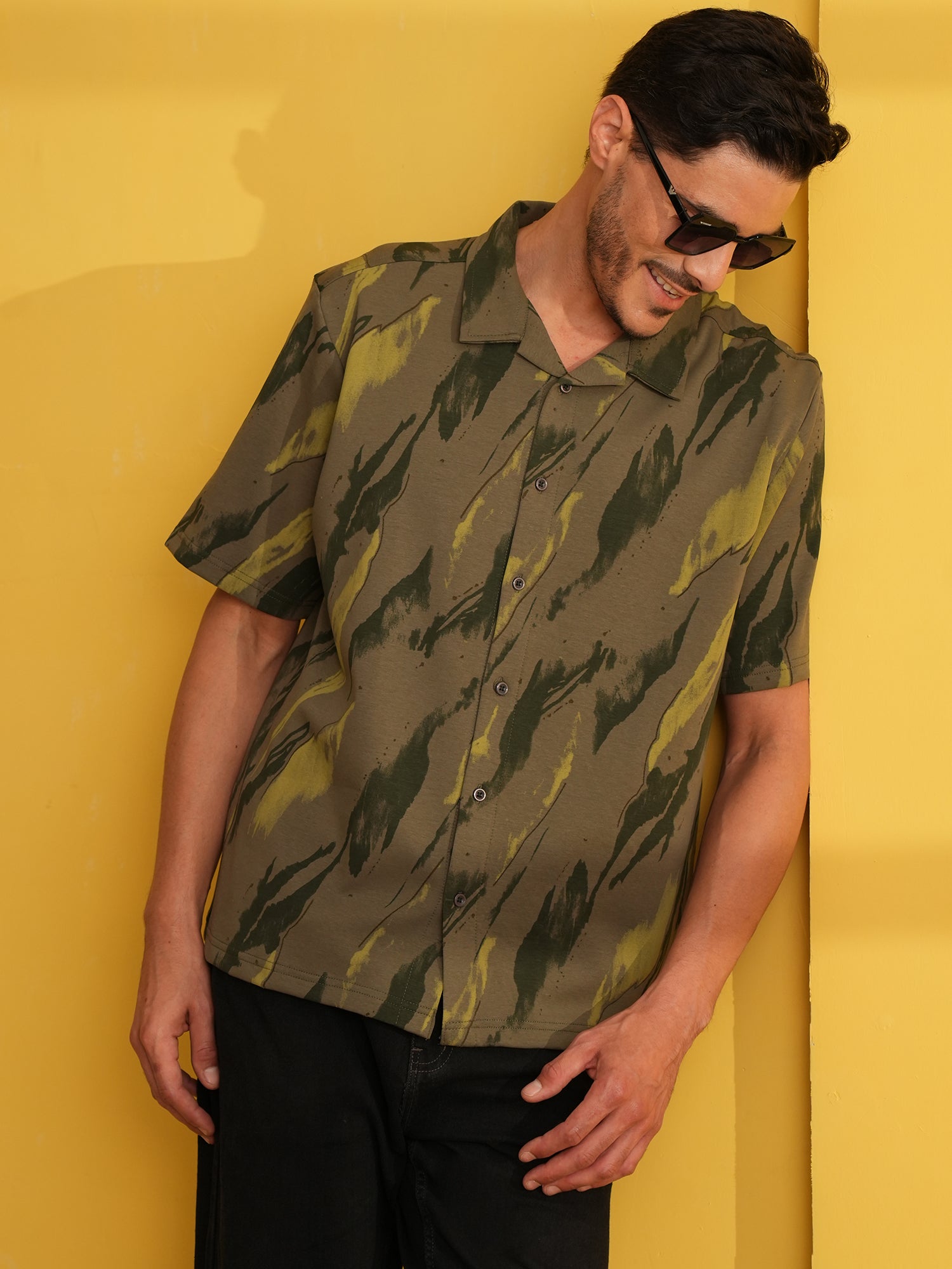Men Self Design Printed Half Sleeve Shirt Olive Green - Reprise