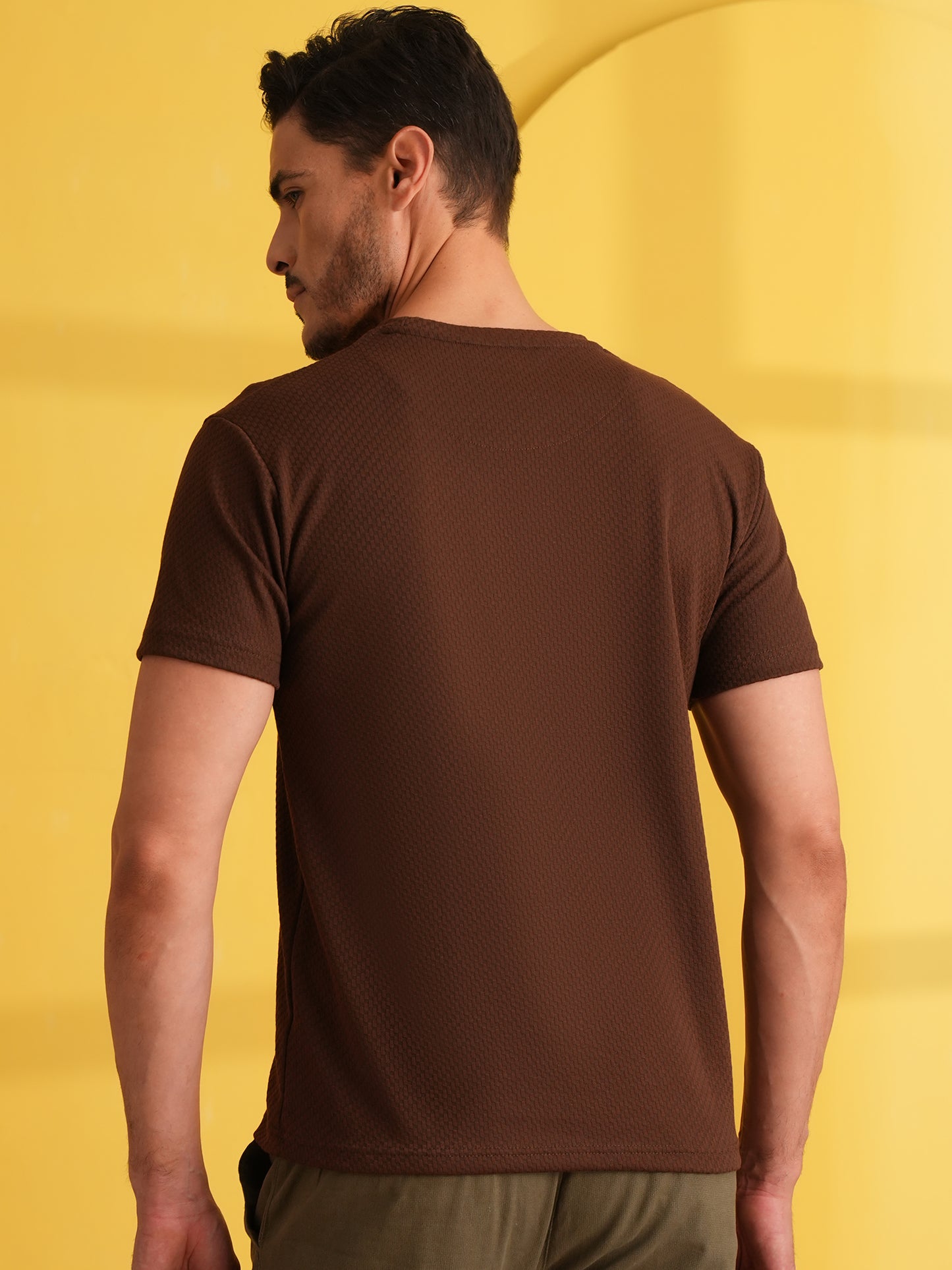 Men Solid Round Neck T-shirt Brown