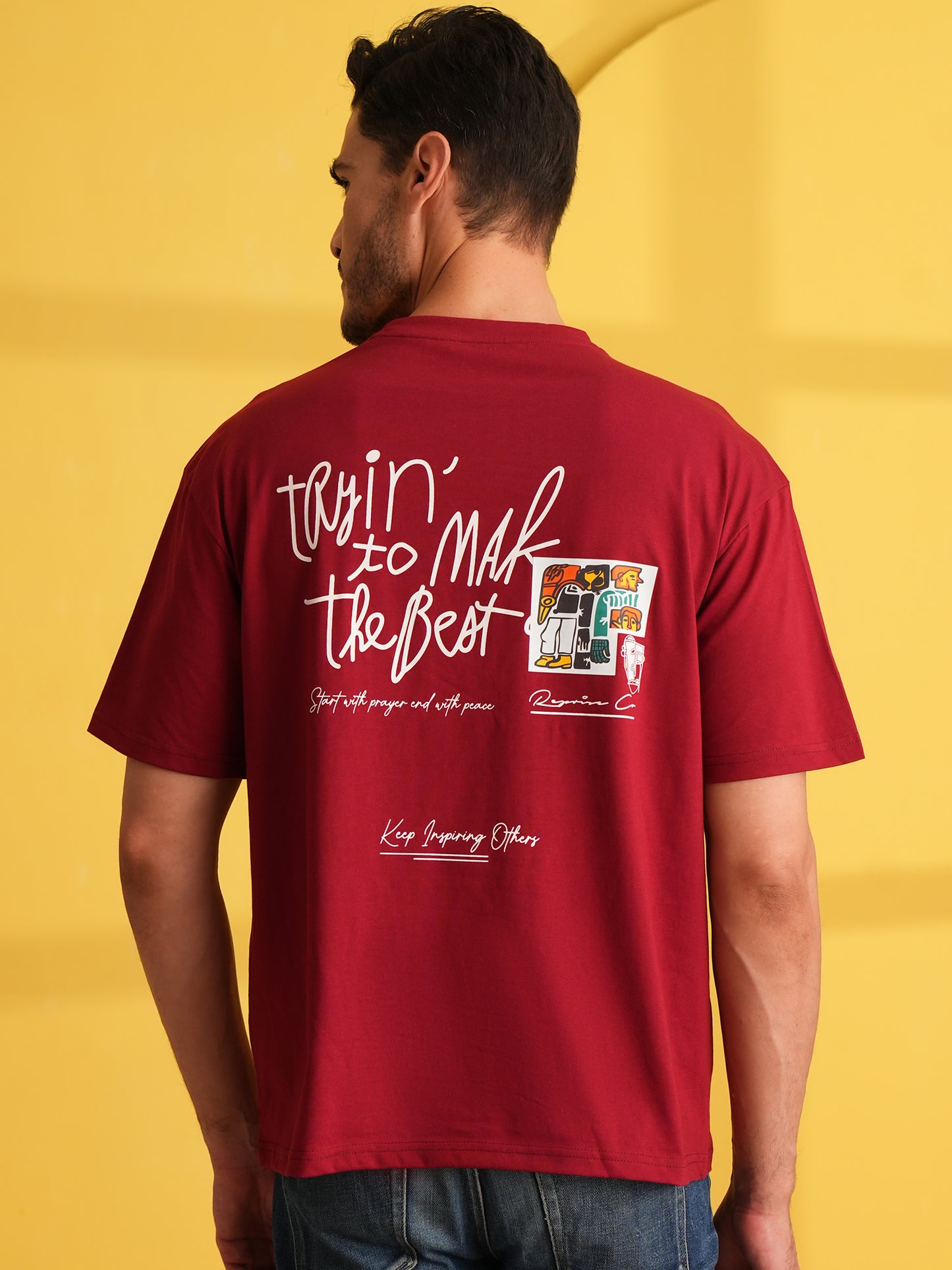 Men Oversized Printed Round Neck Drop Shoulder T-shirt Red - Reprise