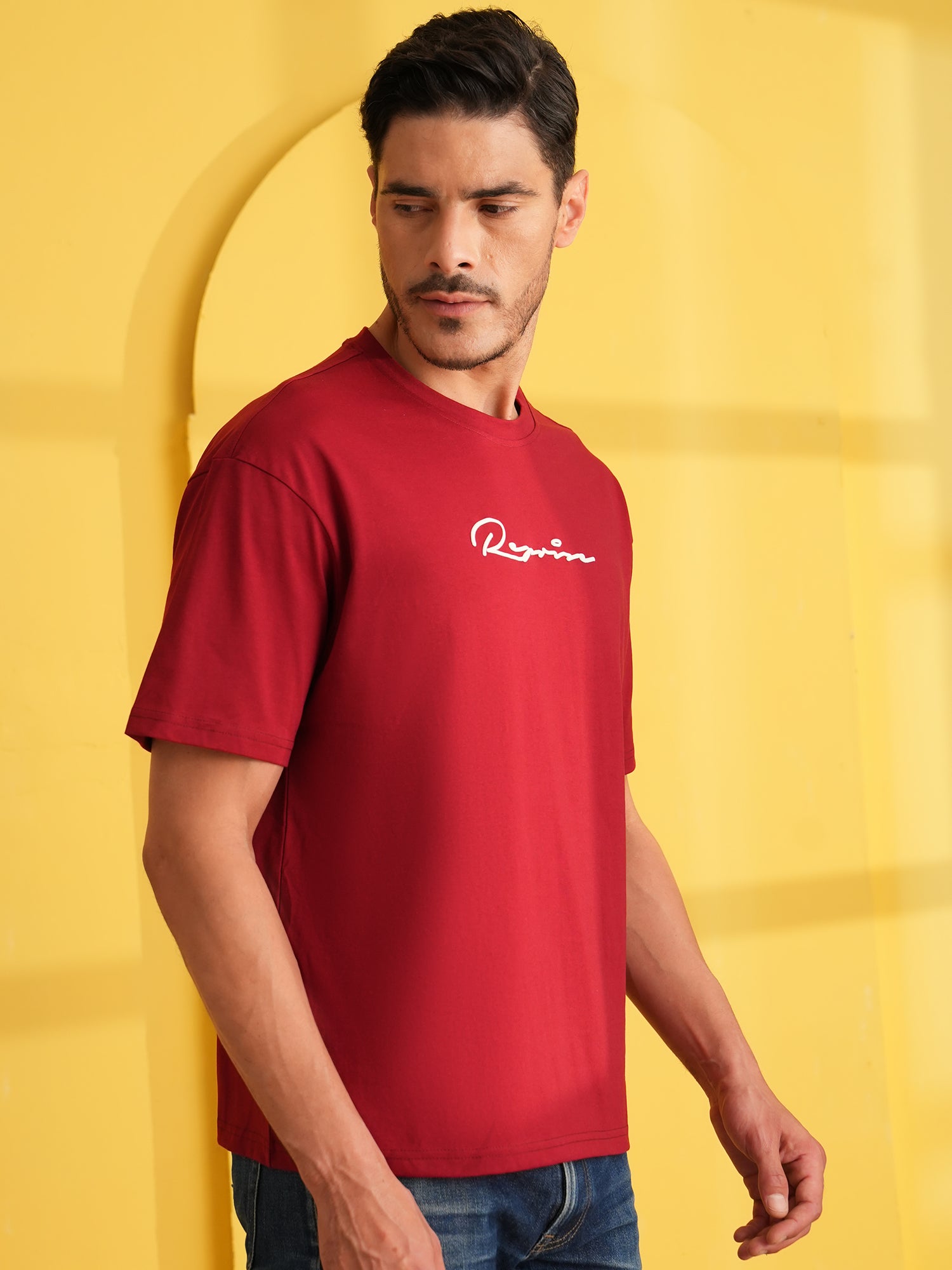 Men Oversized Printed Round Neck Drop Shoulder T-shirt Red - Reprise