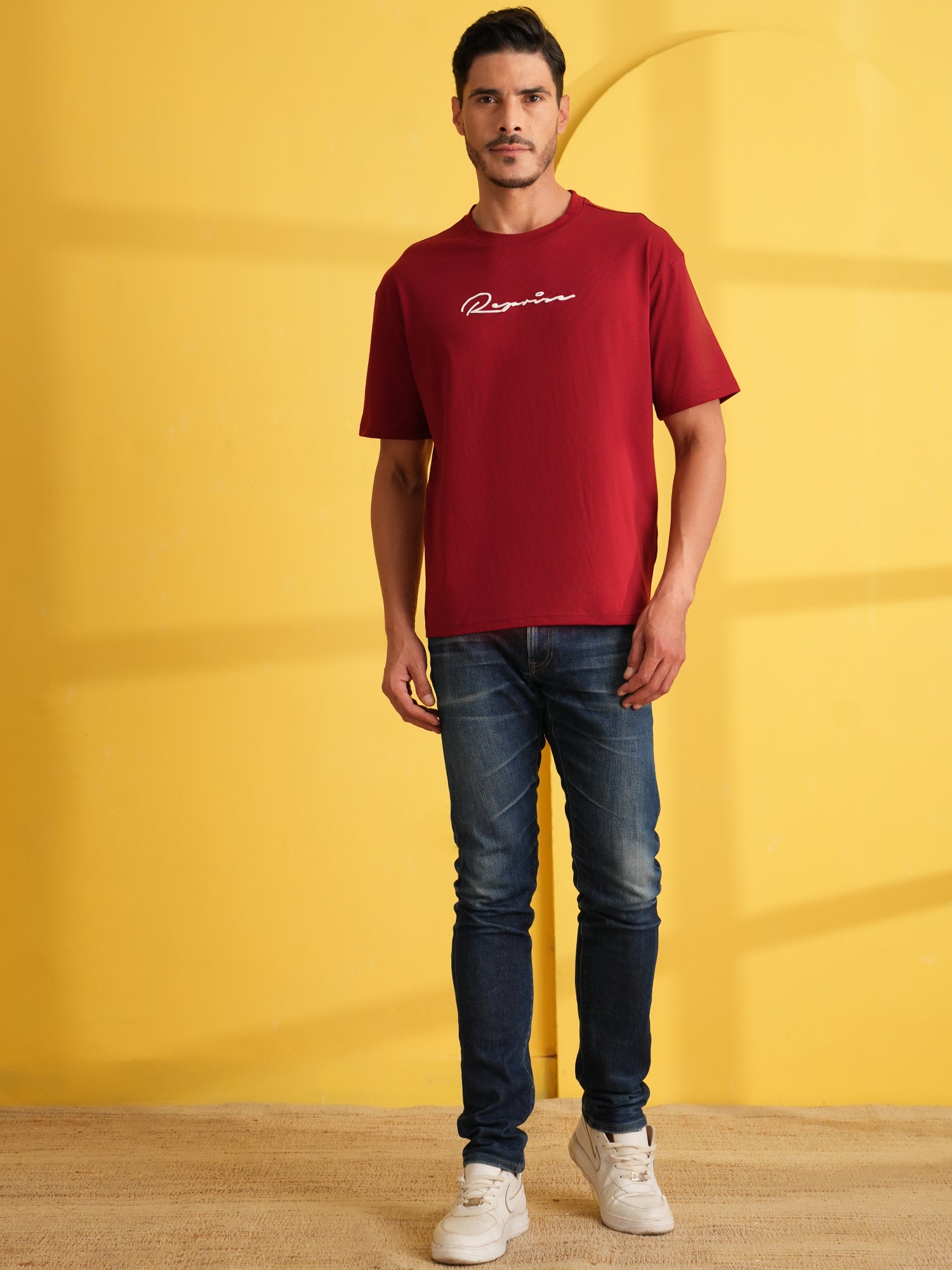 Men Oversized Printed Round Neck Drop Shoulder T-shirt Red - Reprise