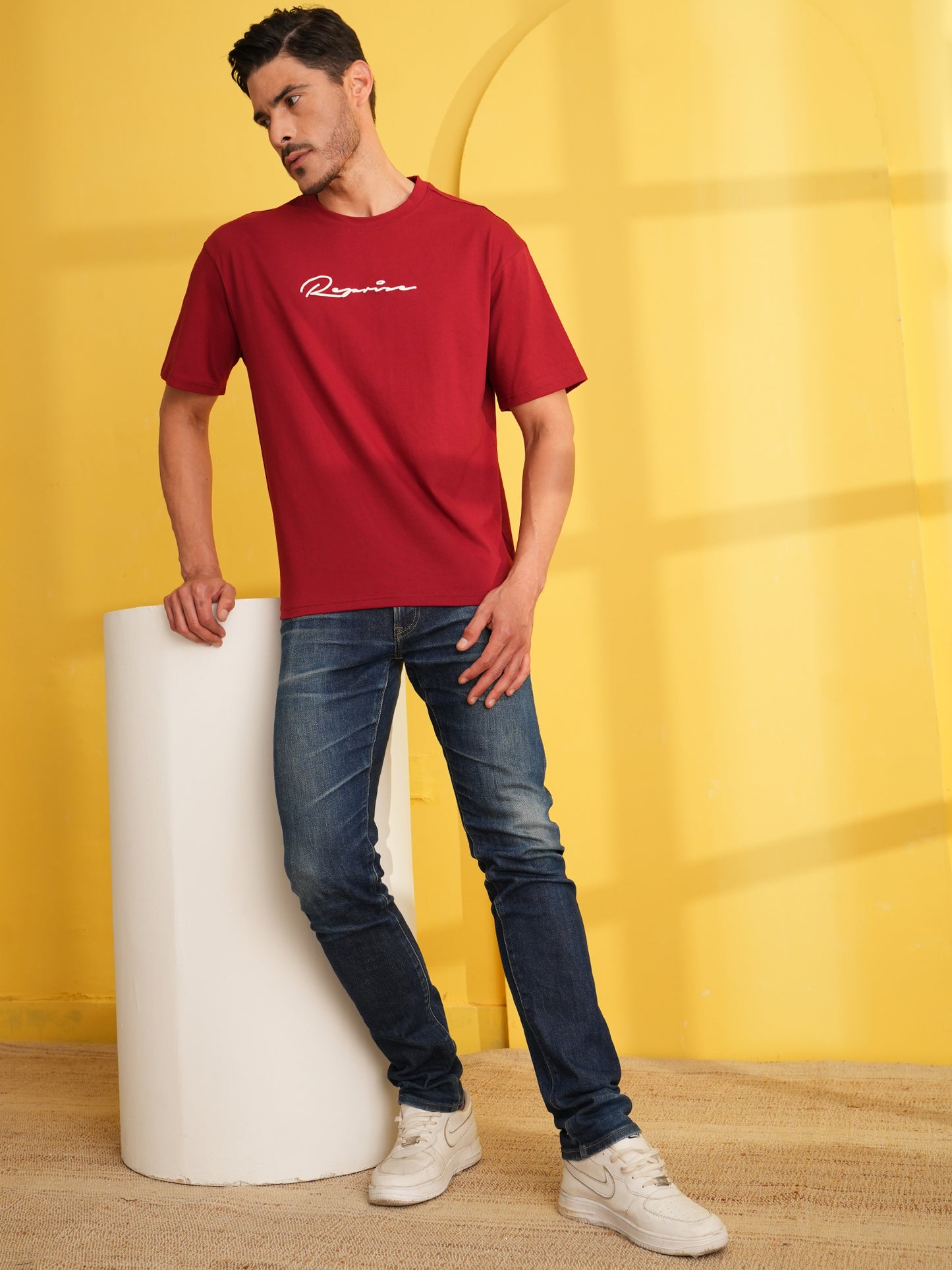Men Oversized Printed Round Neck Drop Shoulder T-shirt Red - Reprise