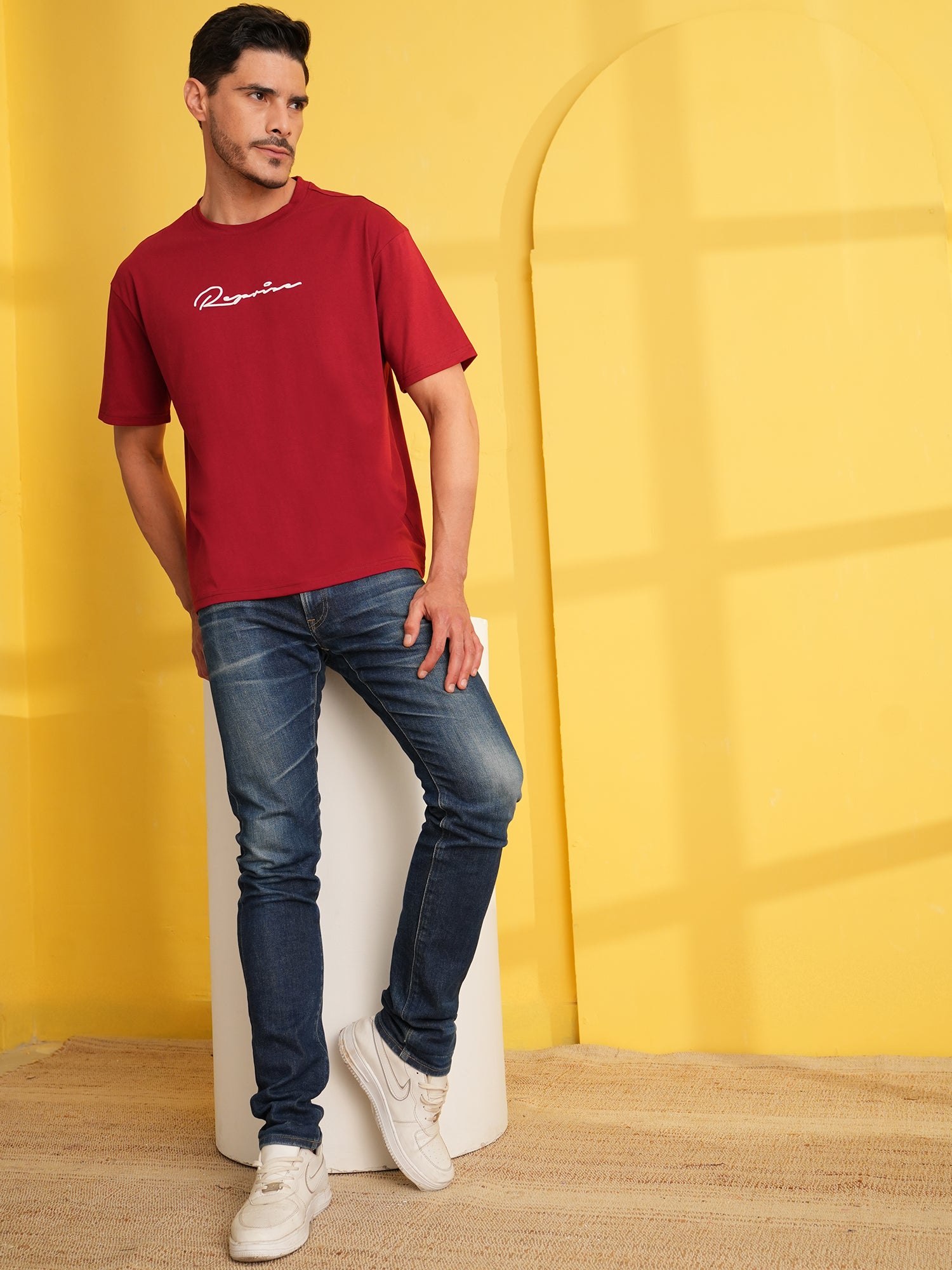 Men Oversized Printed Round Neck Drop Shoulder T-shirt Red - Reprise
