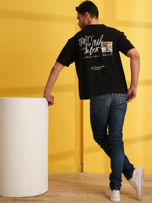 Men Oversized Printed Round Neck Drop Shoulder T-shirt Black - Reprise