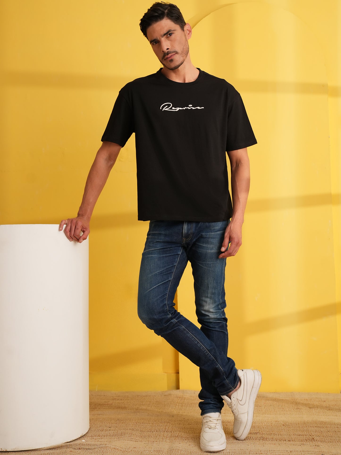 Men Oversized Printed Round Neck Drop Shoulder T-shirt Black - Reprise