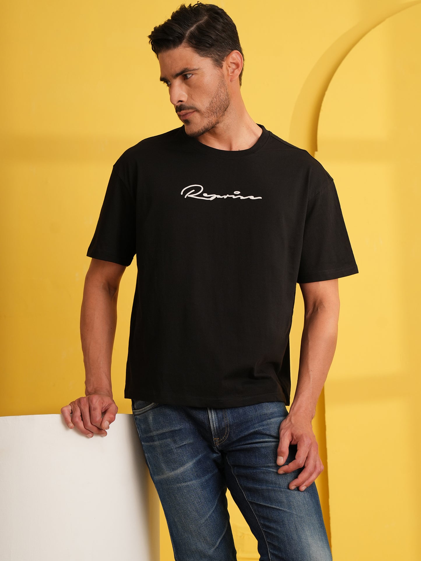 Men Oversized Printed Round Neck Drop Shoulder T-shirt Black - Reprise