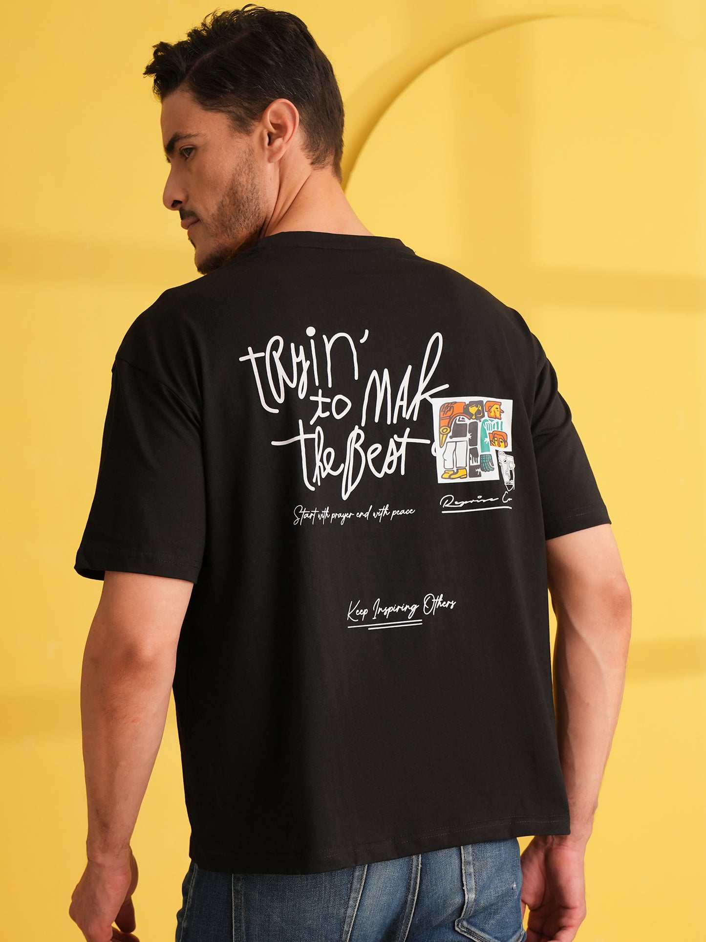 Men Oversized Printed Round Neck Drop Shoulder T-shirt Black - Reprise