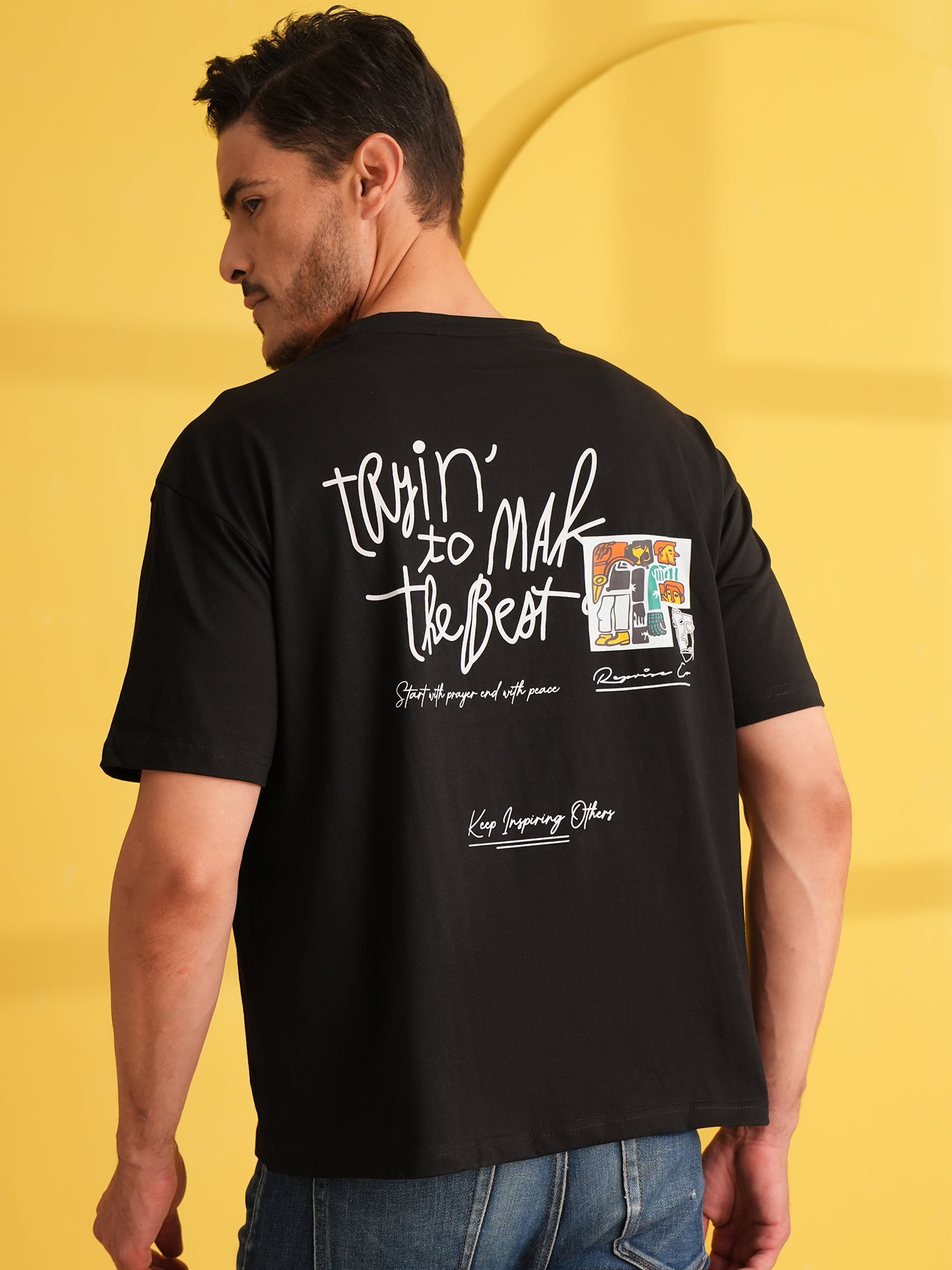 Men Oversized Printed Round Neck Drop Shoulder T-shirt Black - Reprise
