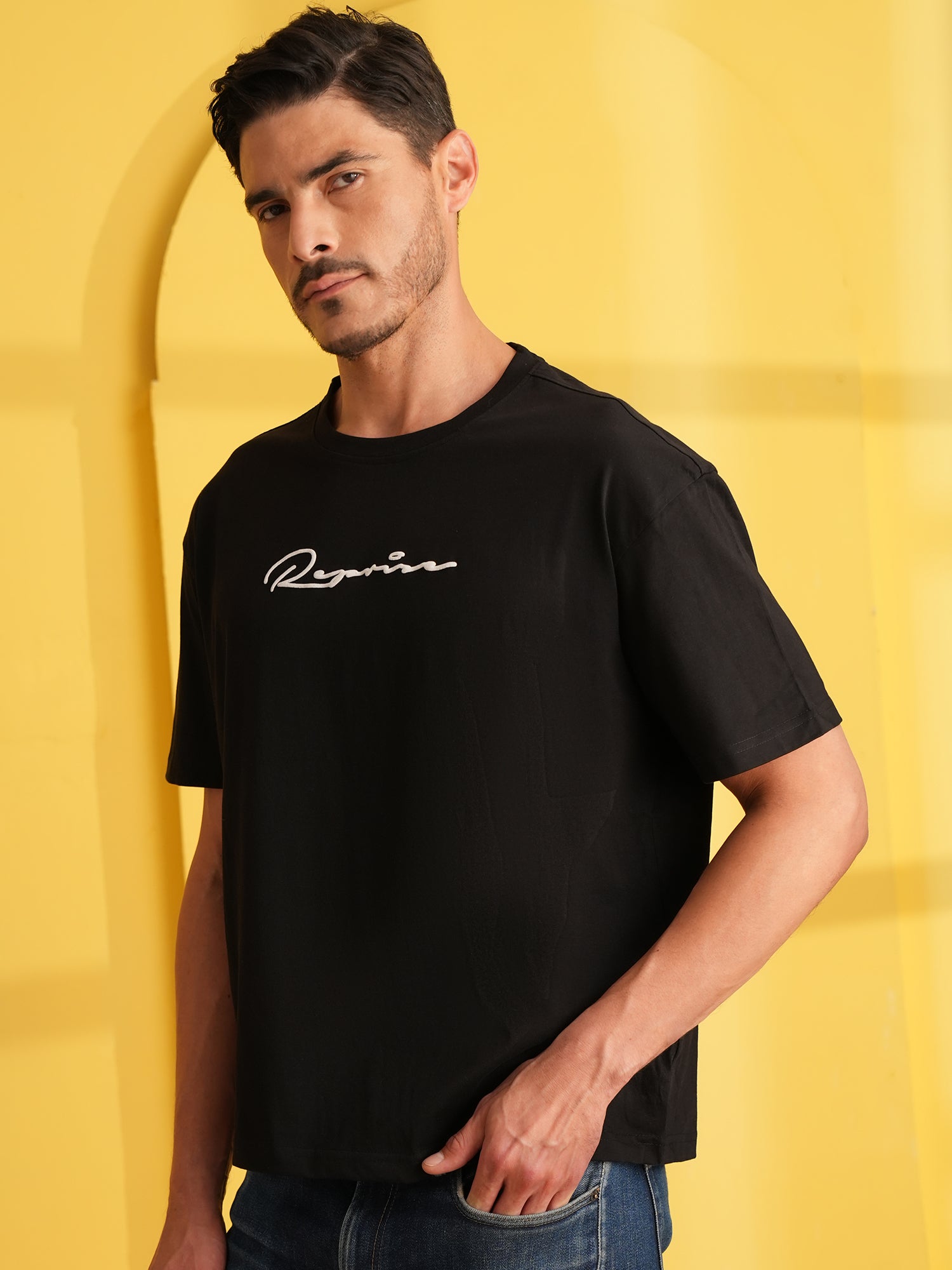 Men Oversized Printed Round Neck Drop Shoulder T-shirt Black - Reprise